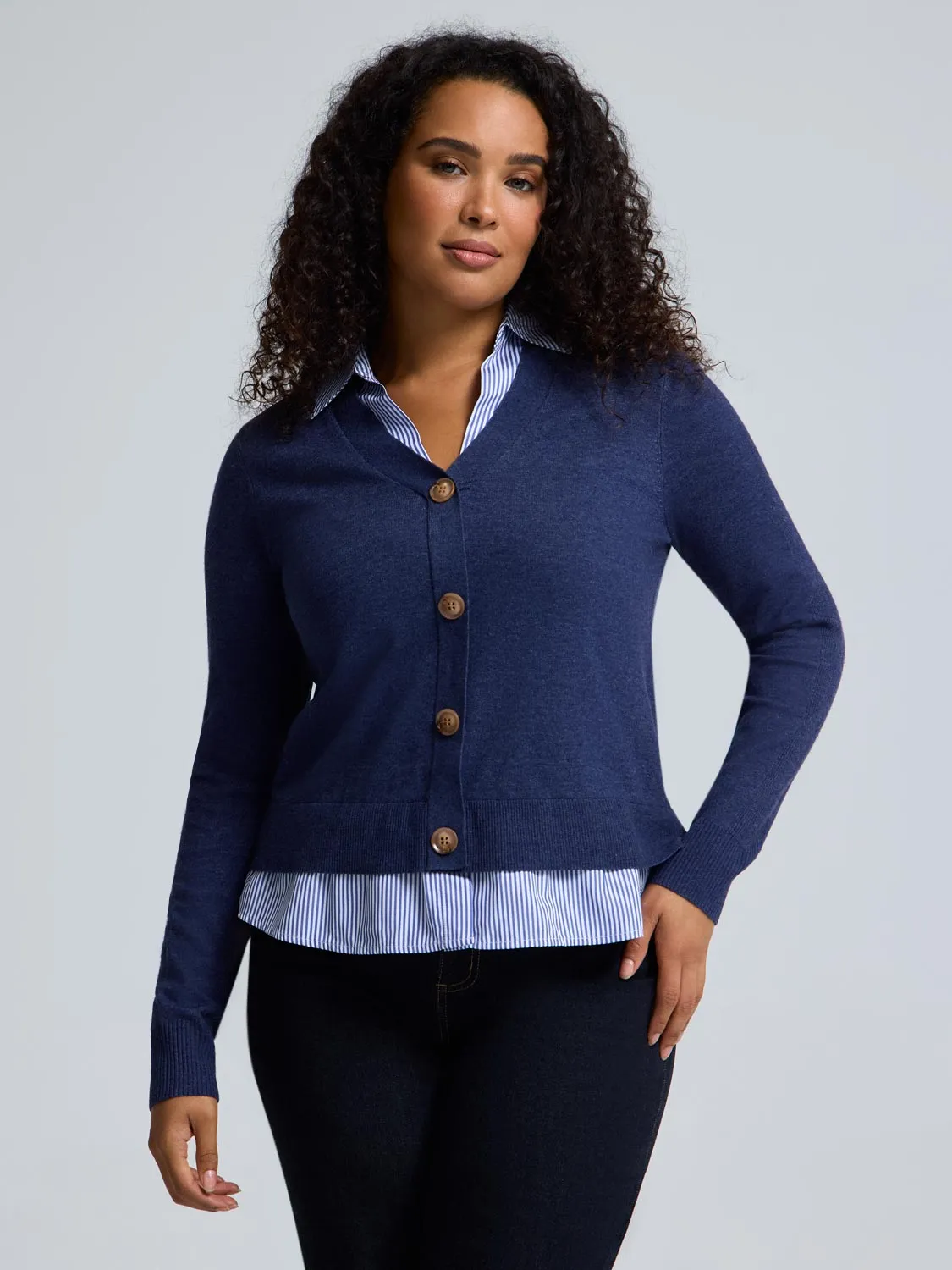 Ultra Soft 2-Fer Cardigan & Striped Blouse Combo