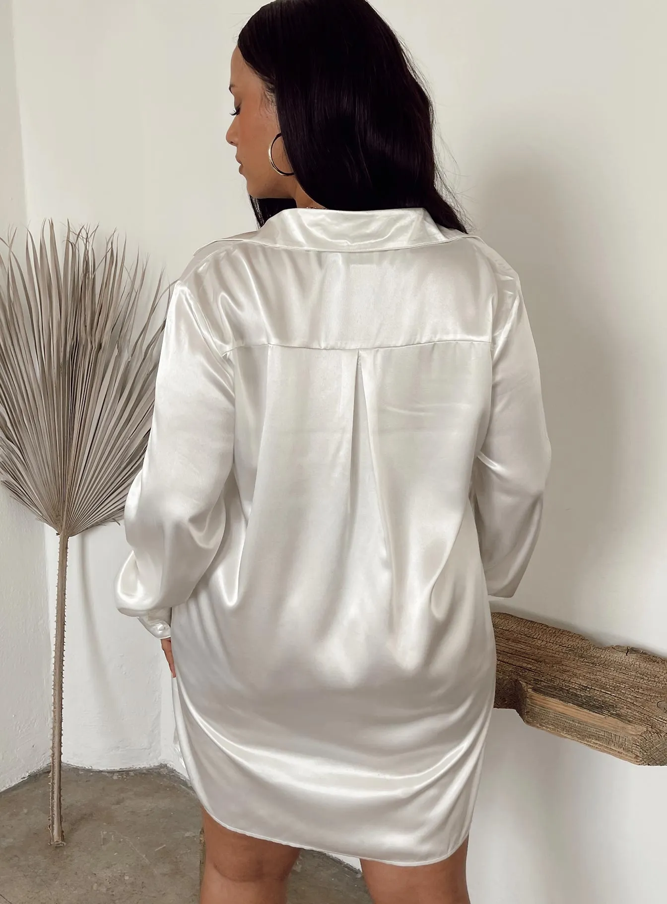 90210 Satin Shirt Mini Dress White Curve Layered Form Simple Touch