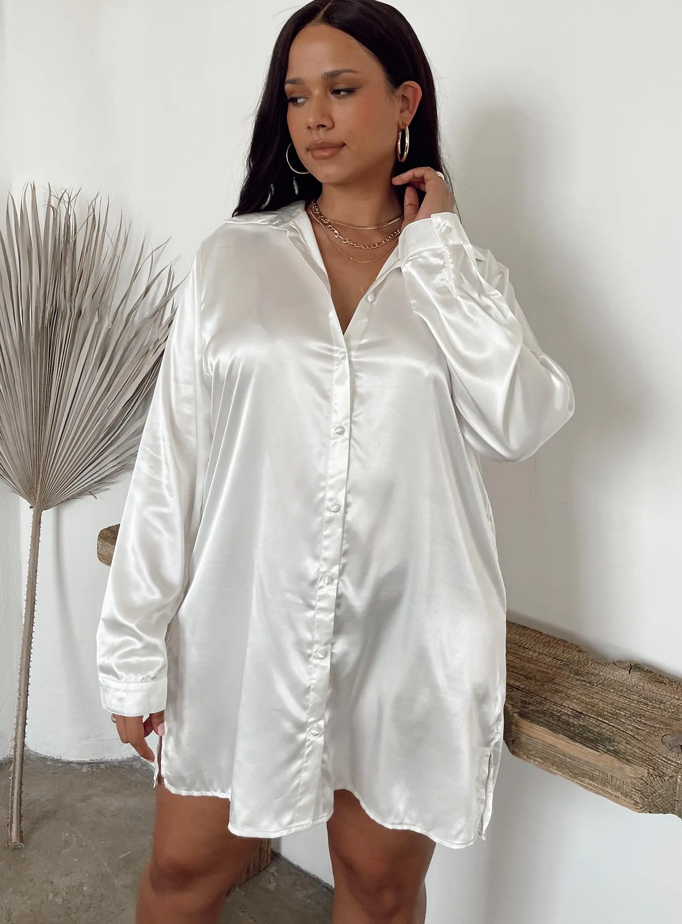 Shiny-Lining Flawless Waistband 90210 Satin Shirt Mini Dress White Curve
