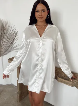 Scoop-Neck 90210 Satin Shirt Mini Dress White Curve