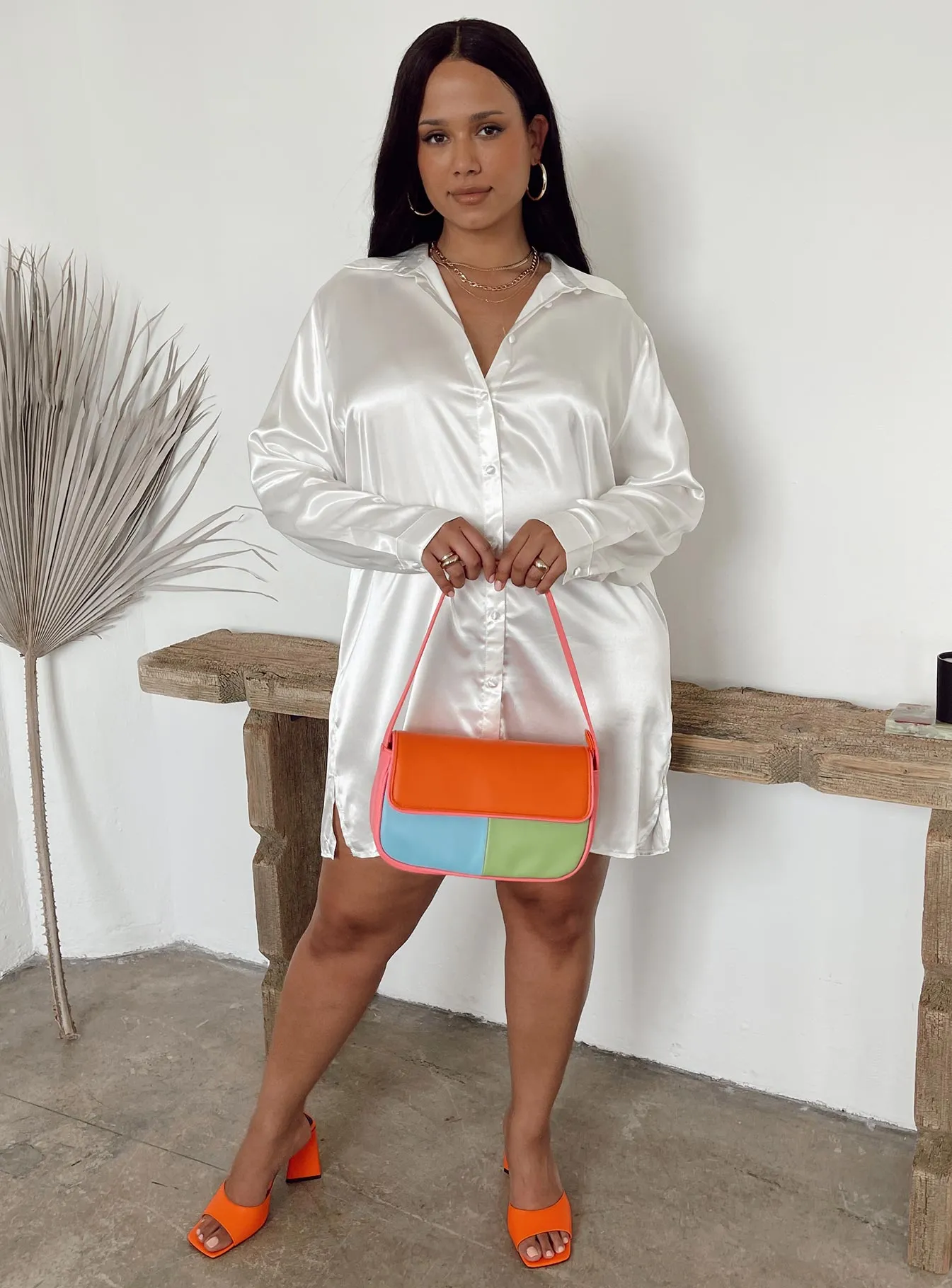 Casual Comfort Wear 90210 Satin Shirt Mini Dress White Curve