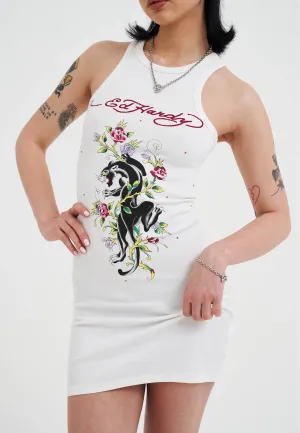 Timeless Cut Open Back Womens Panther And Flowers Diamante Tank Dress - White