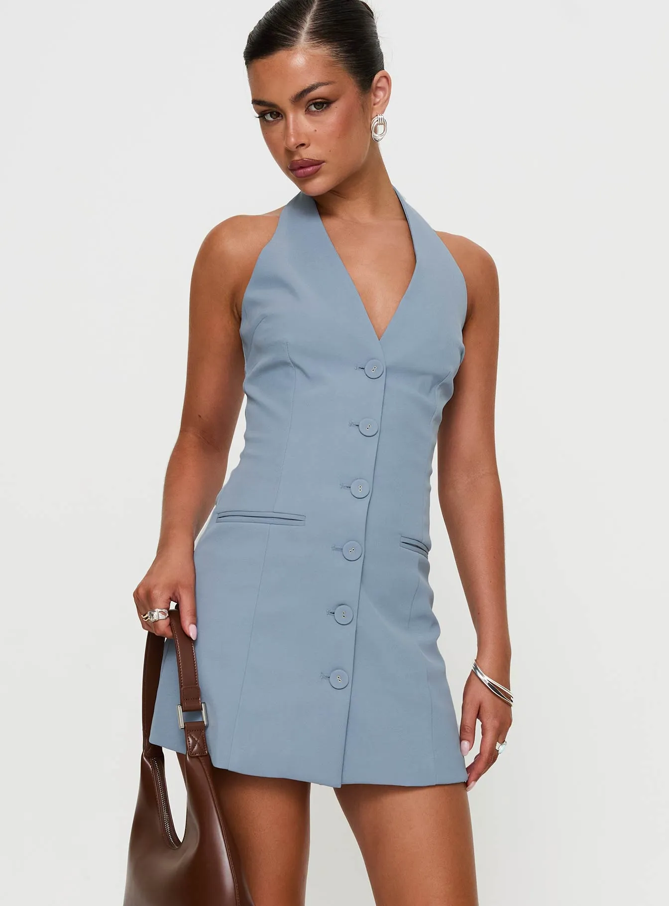 Natural Form Chic Layering Vyxen Halter Mini Dress Blue