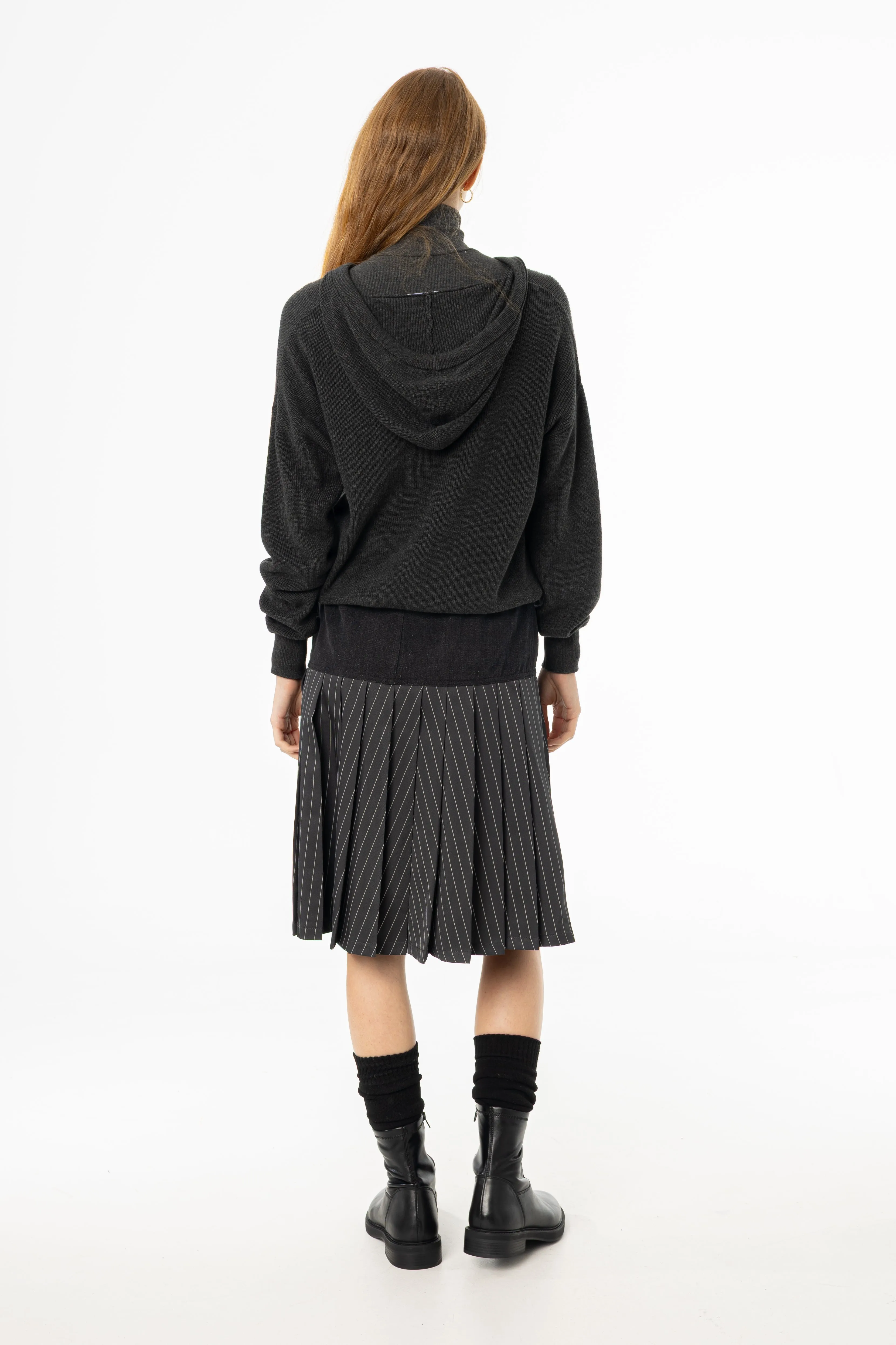 Grey Pinstripe Pleated Denim Skirt Stretch Waist