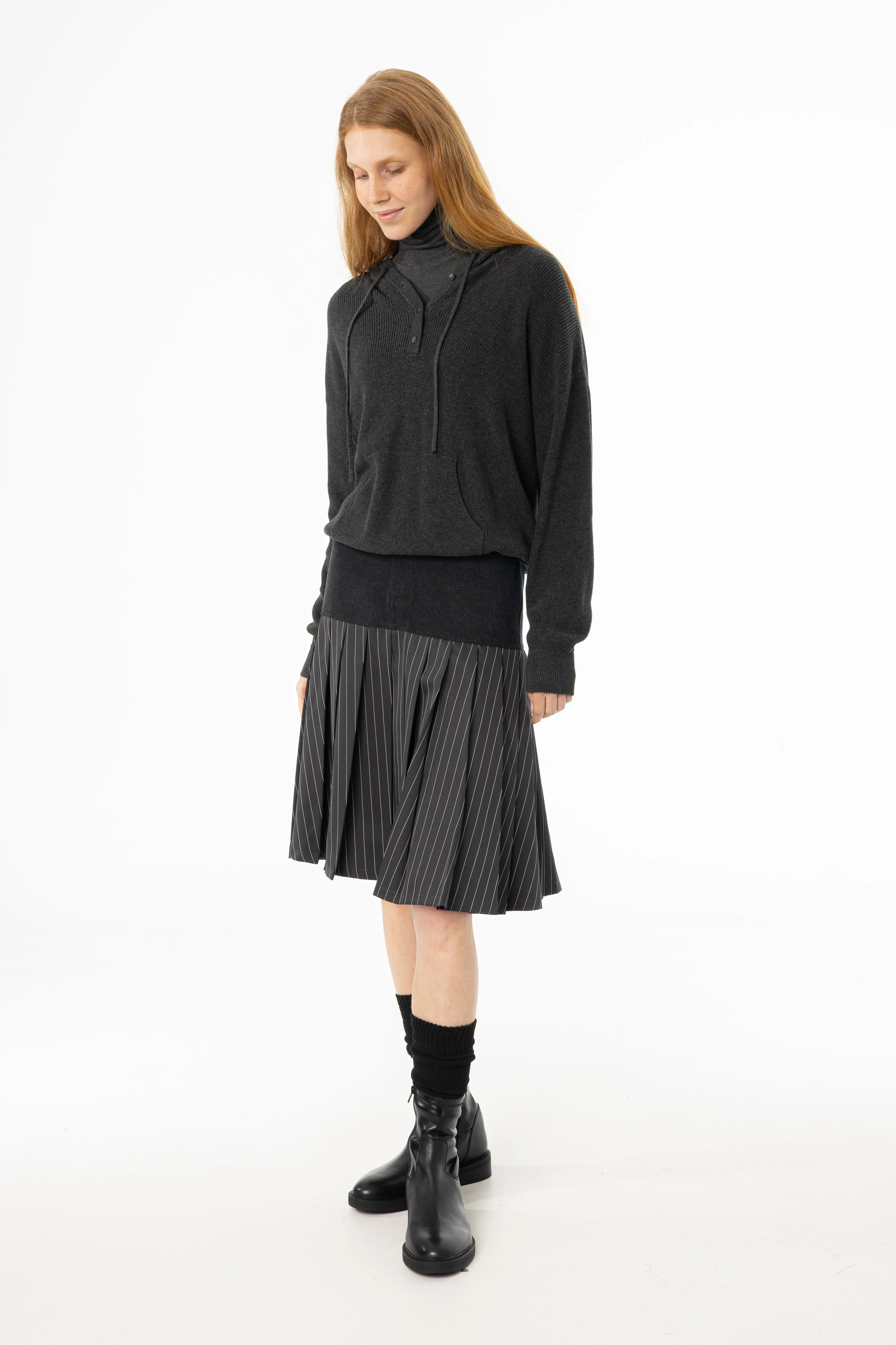 Grey Pinstripe Pleated Denim Skirt Flexible Material Neat Mood