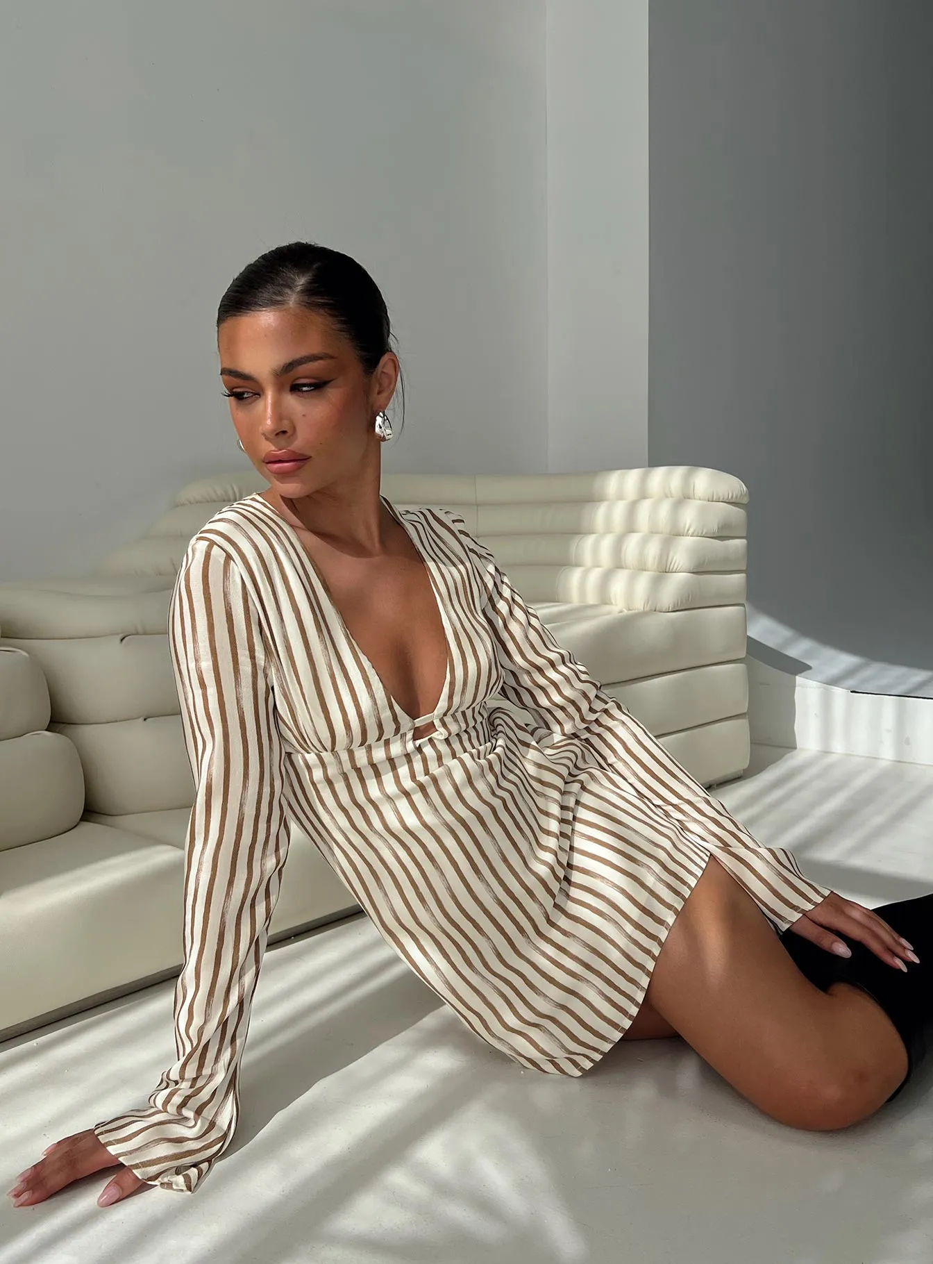 The Good Life Mini Dress Brown / White Stripe Chic Harmony Bold Fashion