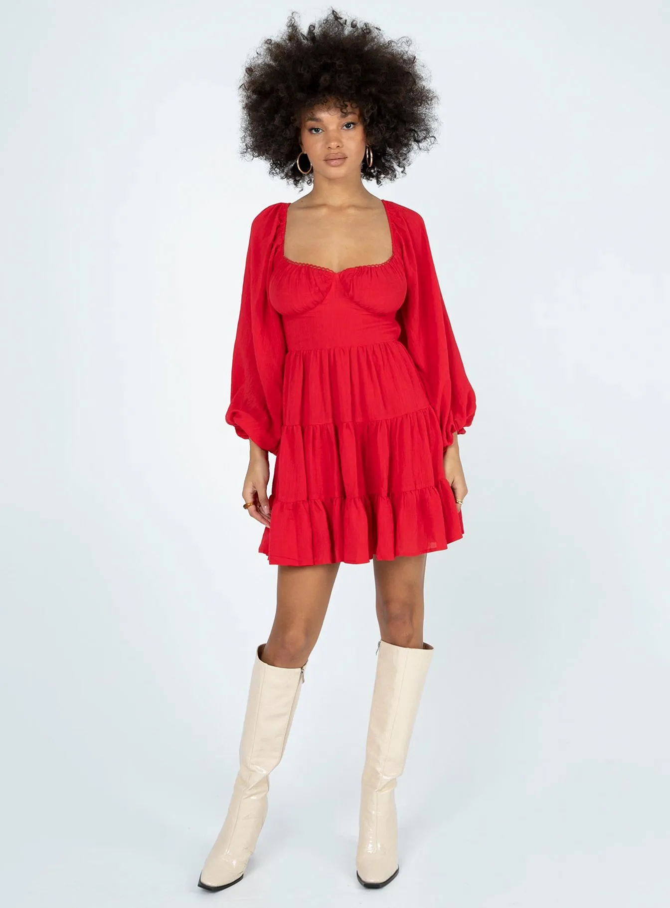 Danny Long Sleeve Mini Dress Red Frayed-Edge