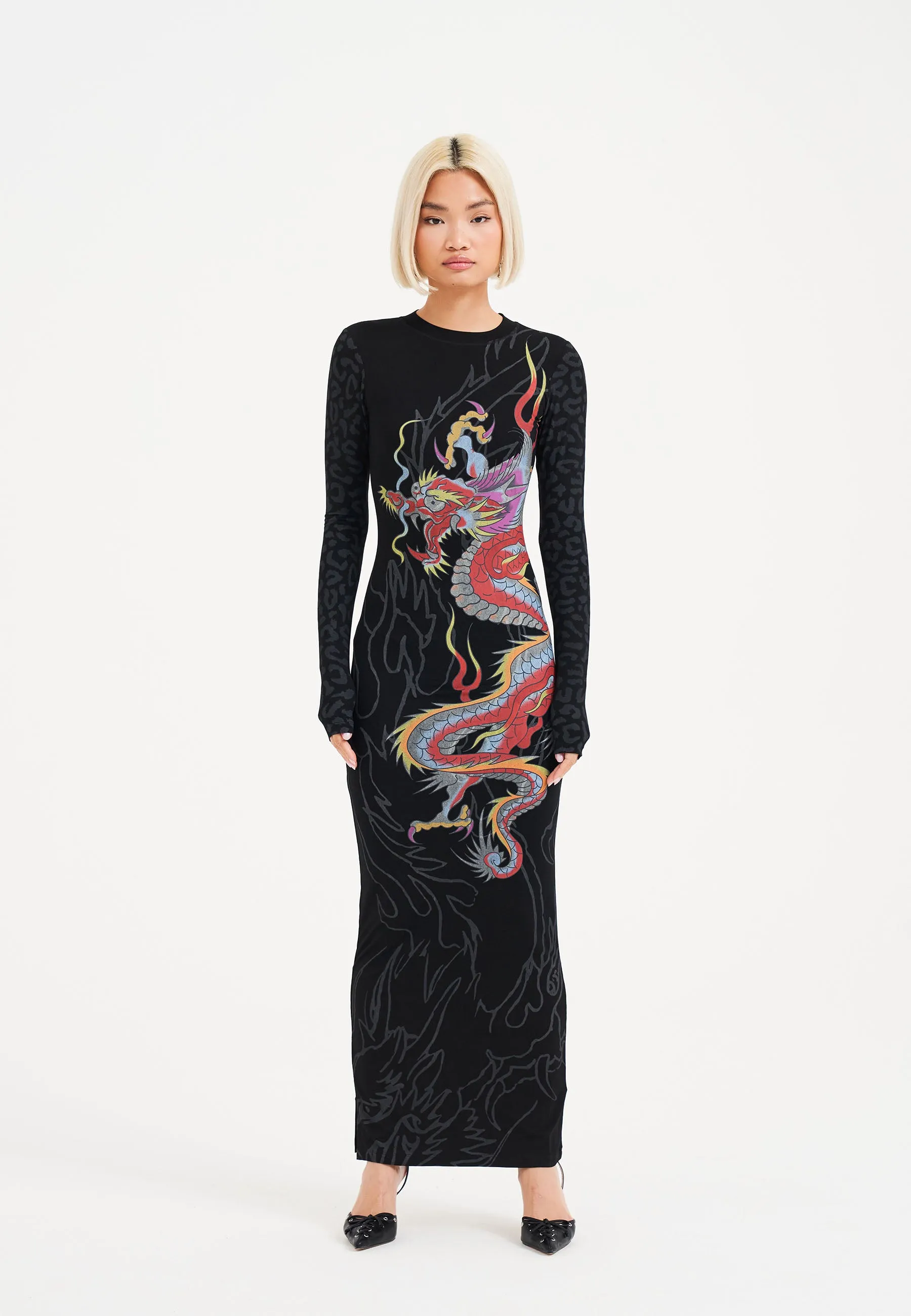 Womens Dragon Flame Long Sleeve Dress - Black Clean Cut Profile Enhancer