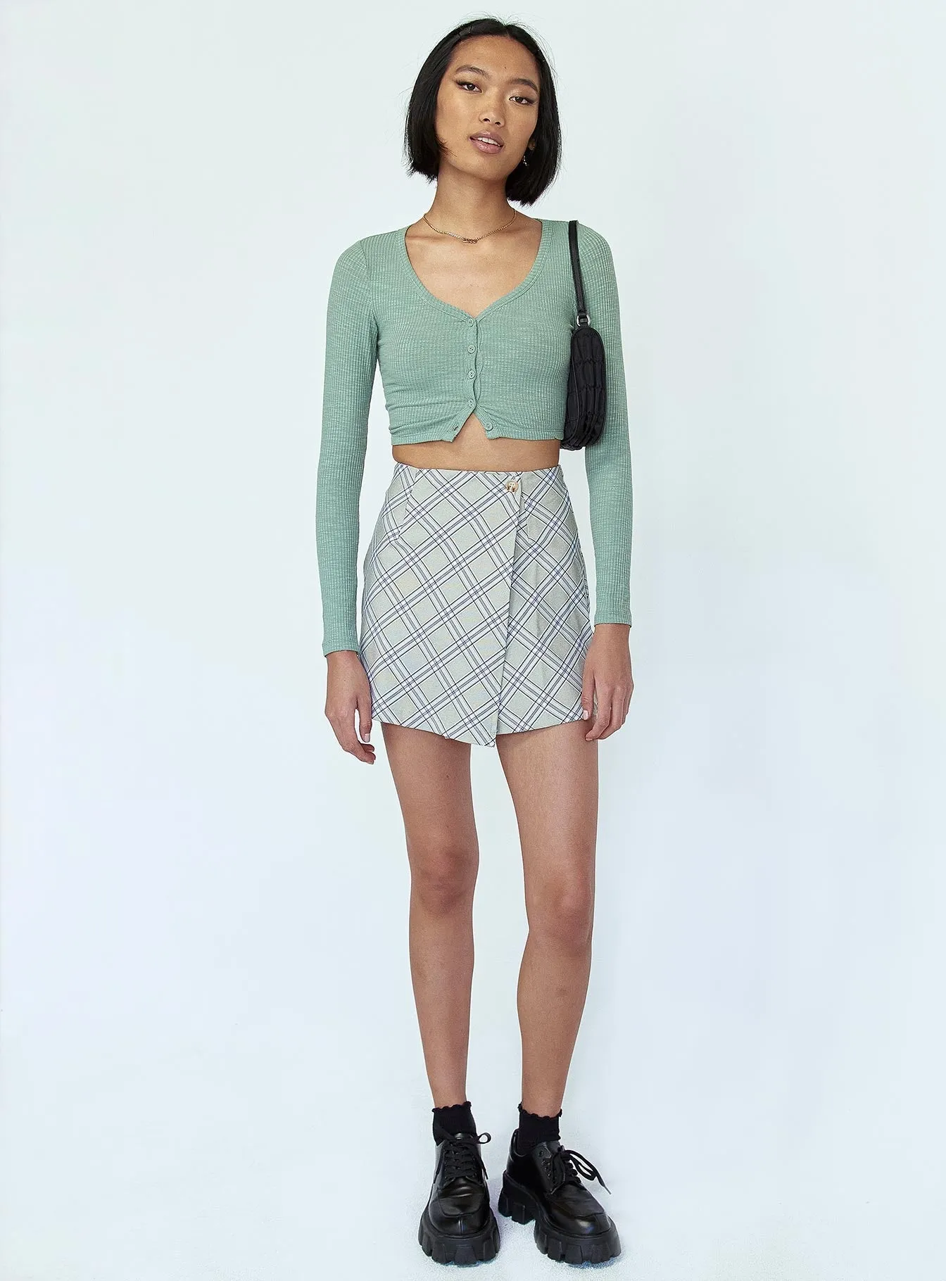 Draped Silhouette Double Stitched Ailisha Mini Skirt Green