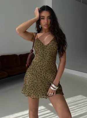 DoubleLayeredMaterial Retro Detail Ailyn V-neck Mini Dress Green Leopard