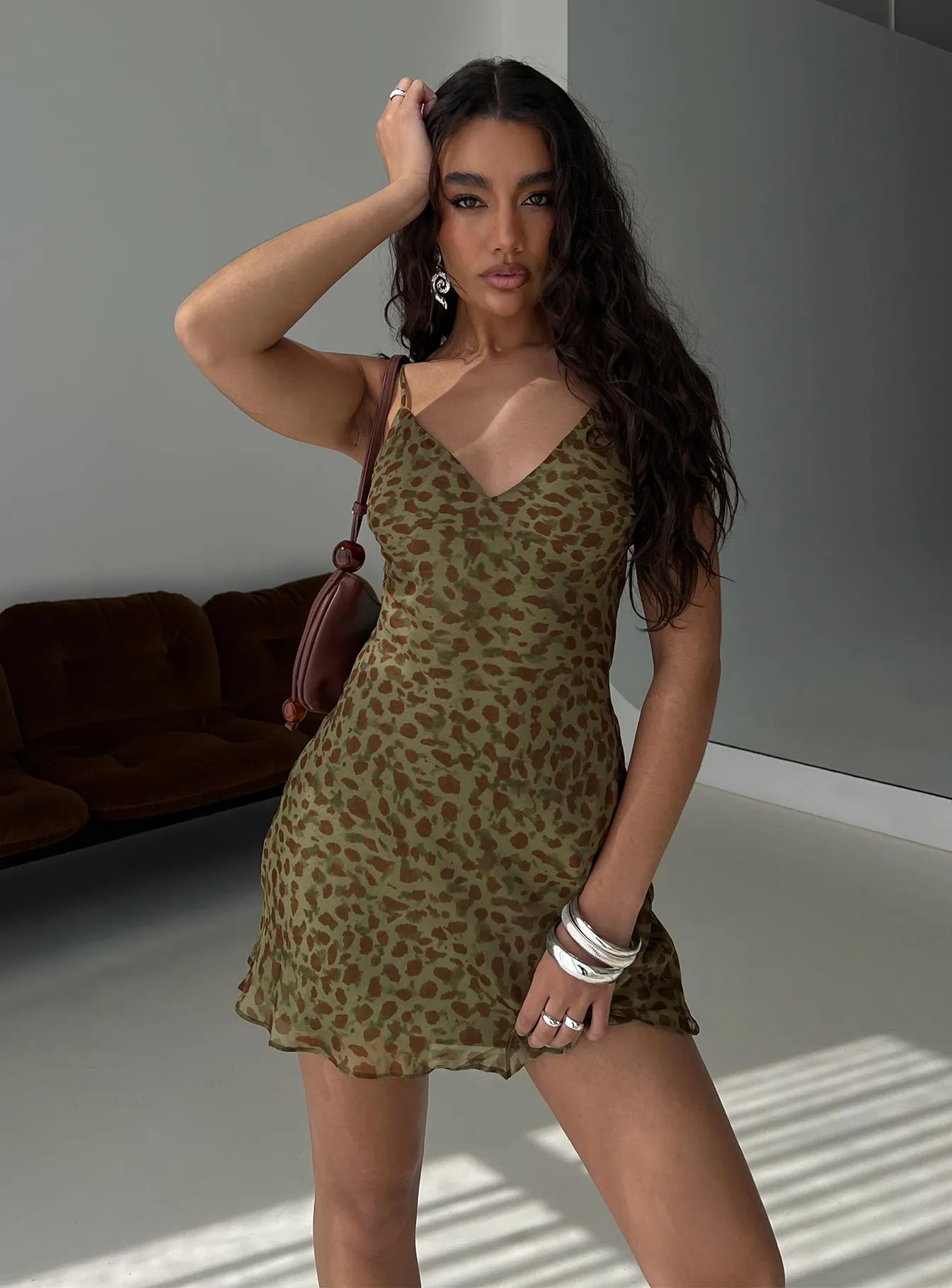 DoubleLayeredMaterial Retro Detail Ailyn V-neck Mini Dress Green Leopard