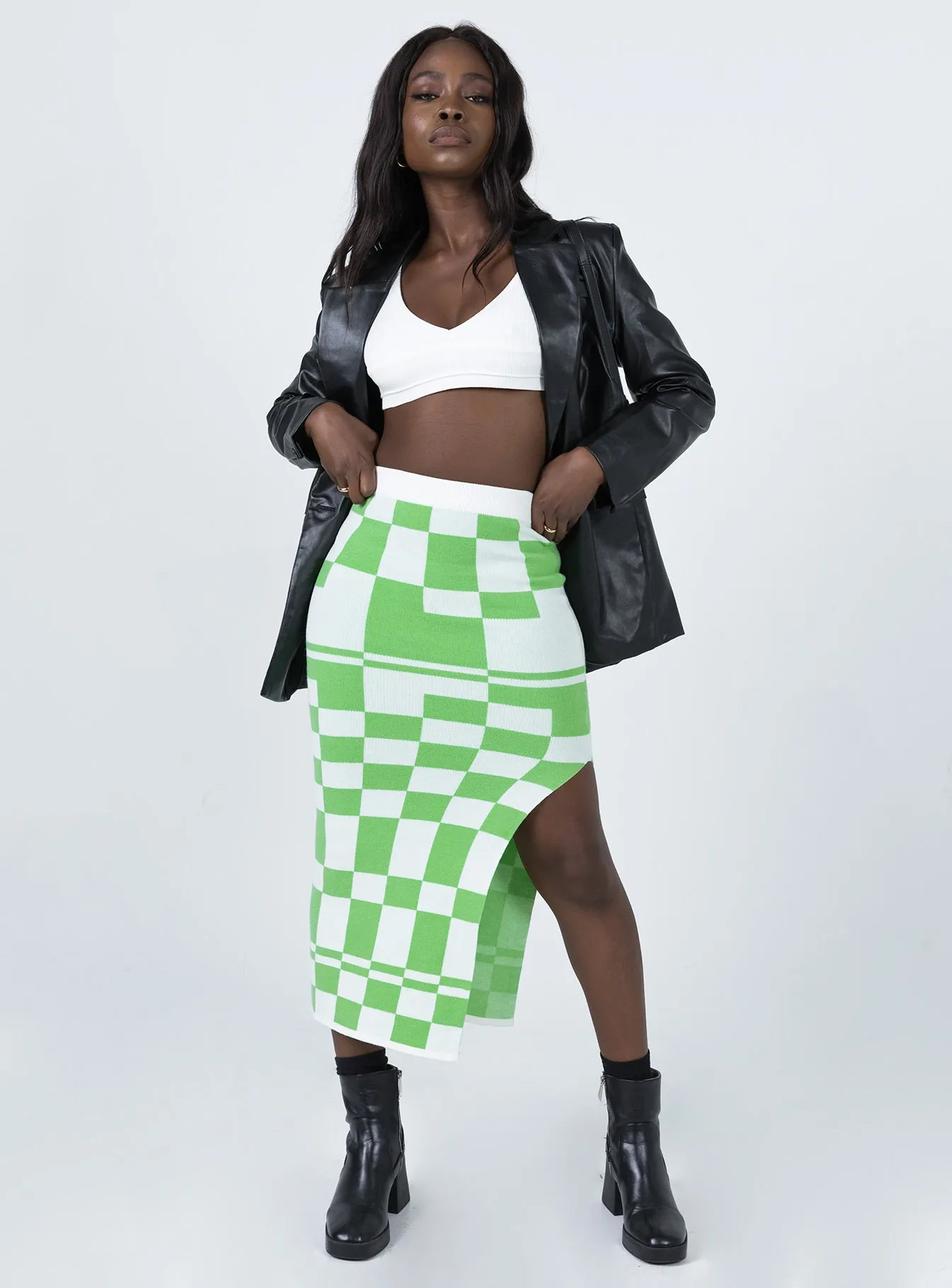Scalloped Edge Timeless Piece Whitemore Checkboard Midi Skirt Green