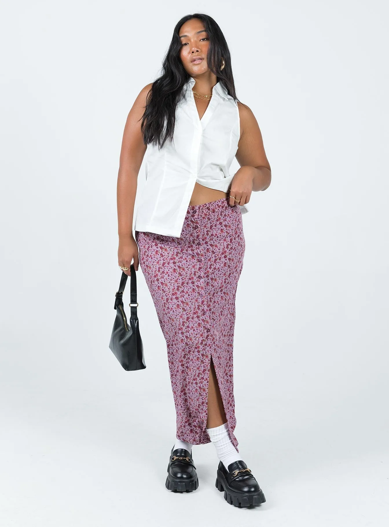 Motel Relow Skirt 90S Floral Burgundy Outfit Lineup Slip Resistant Waist