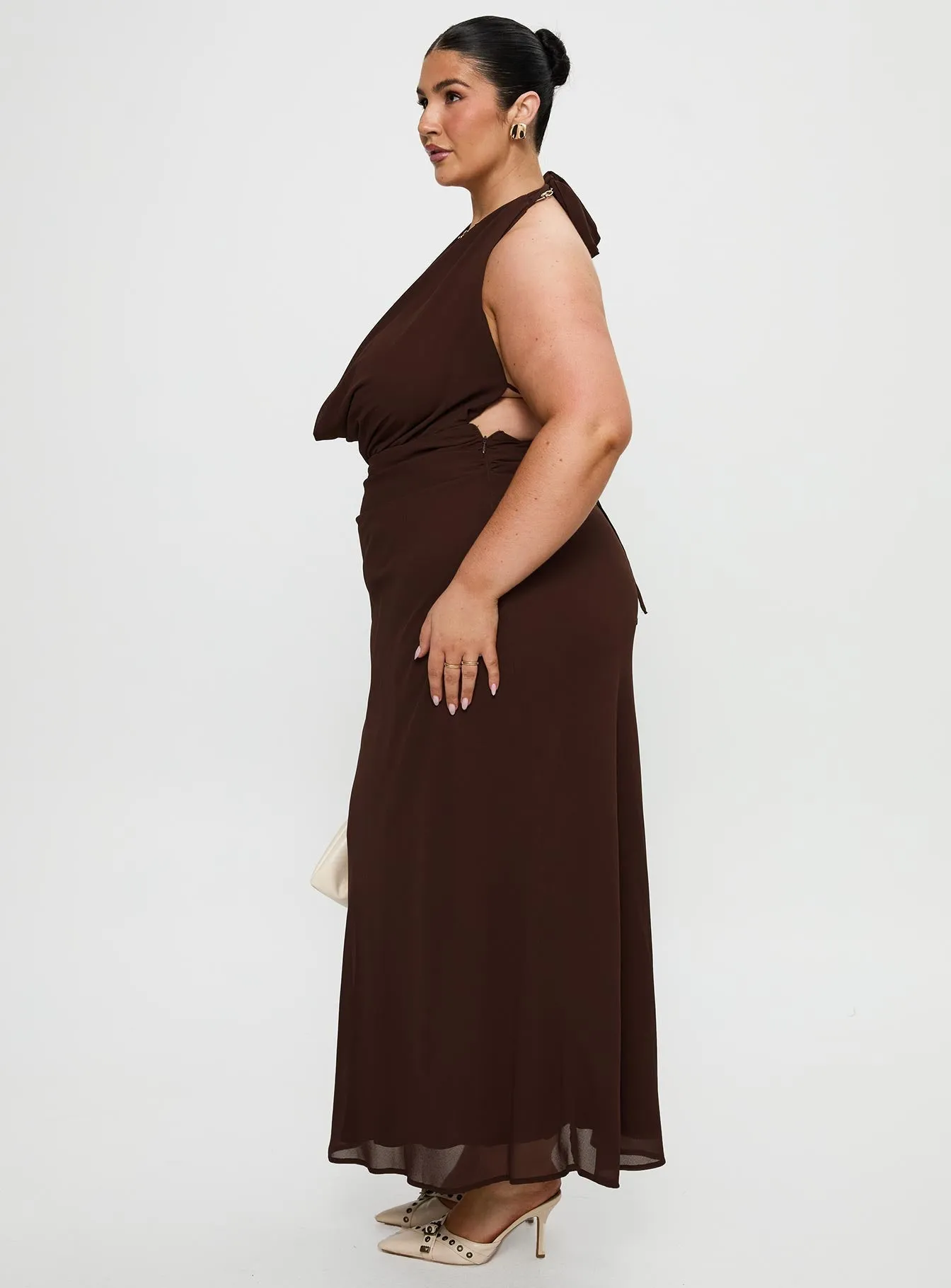 Alejandria Cowl Neck Maxi Dress Chocolate Curve Flattering Shape Design Professional Look