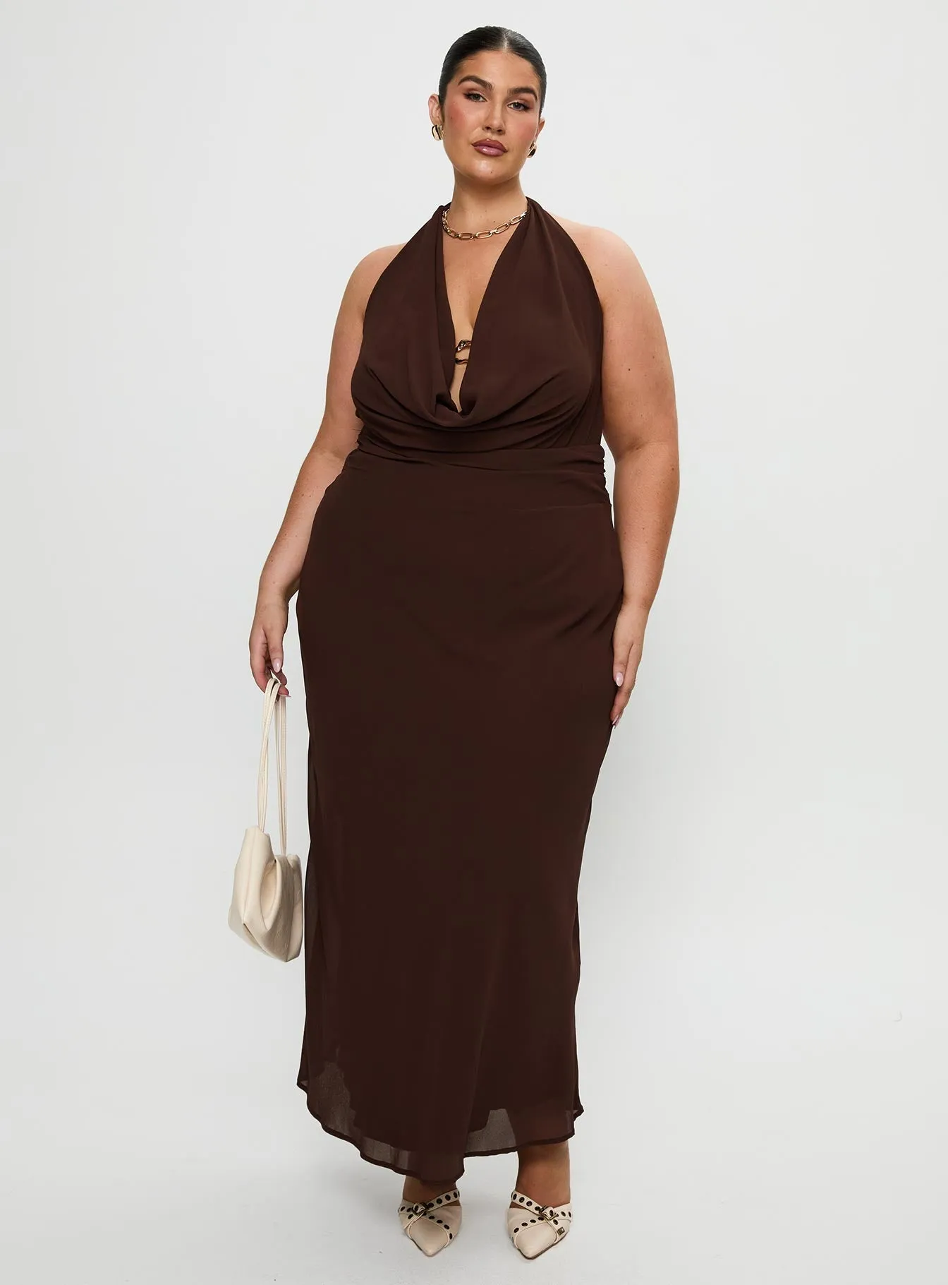 Alejandria Cowl Neck Maxi Dress Chocolate Curve Smooth Texture