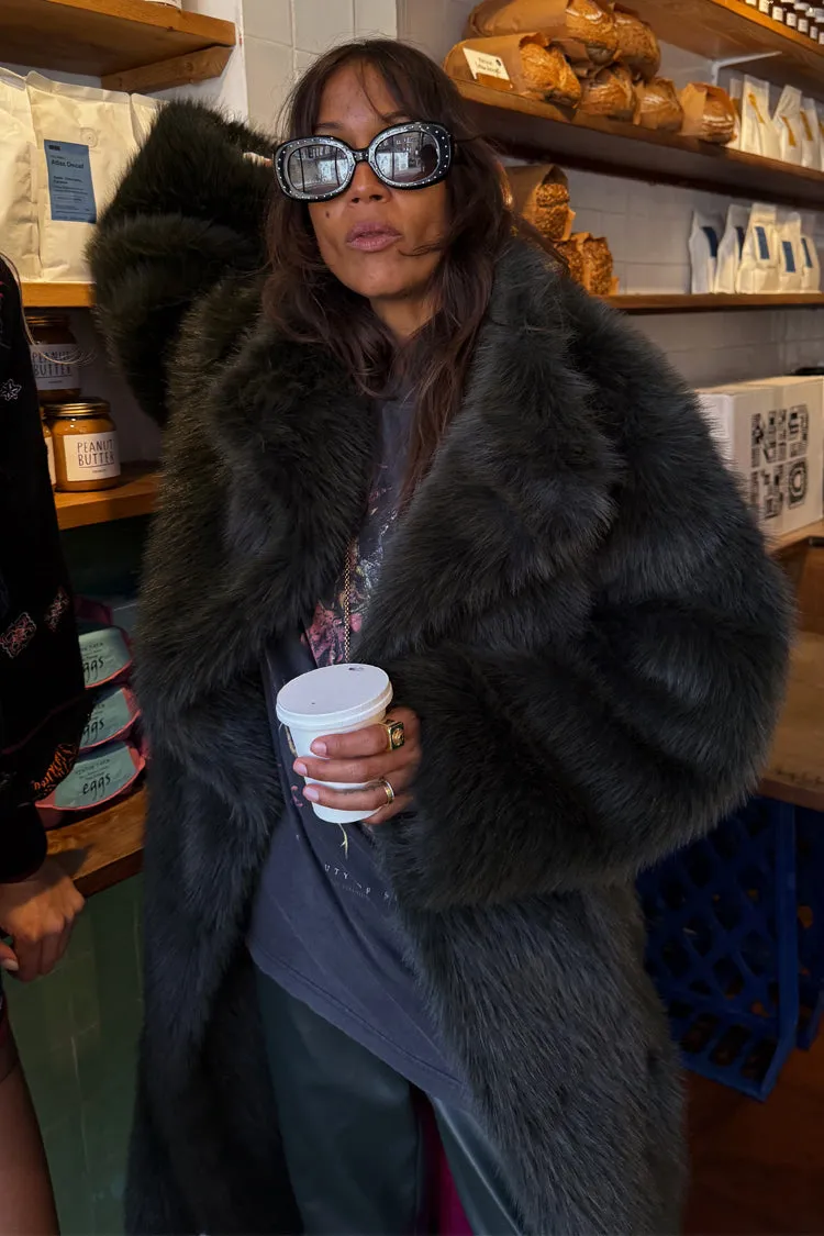 Green Faux Fur Coat Regular Fit Cut