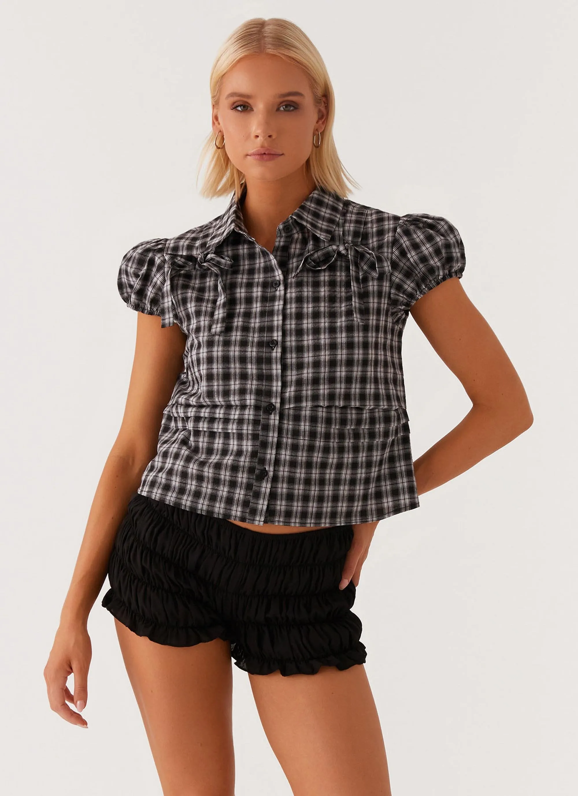 Lorraine Puff Sleeve Top - Black White Check Tear Resistant Knit Zero Waste Production