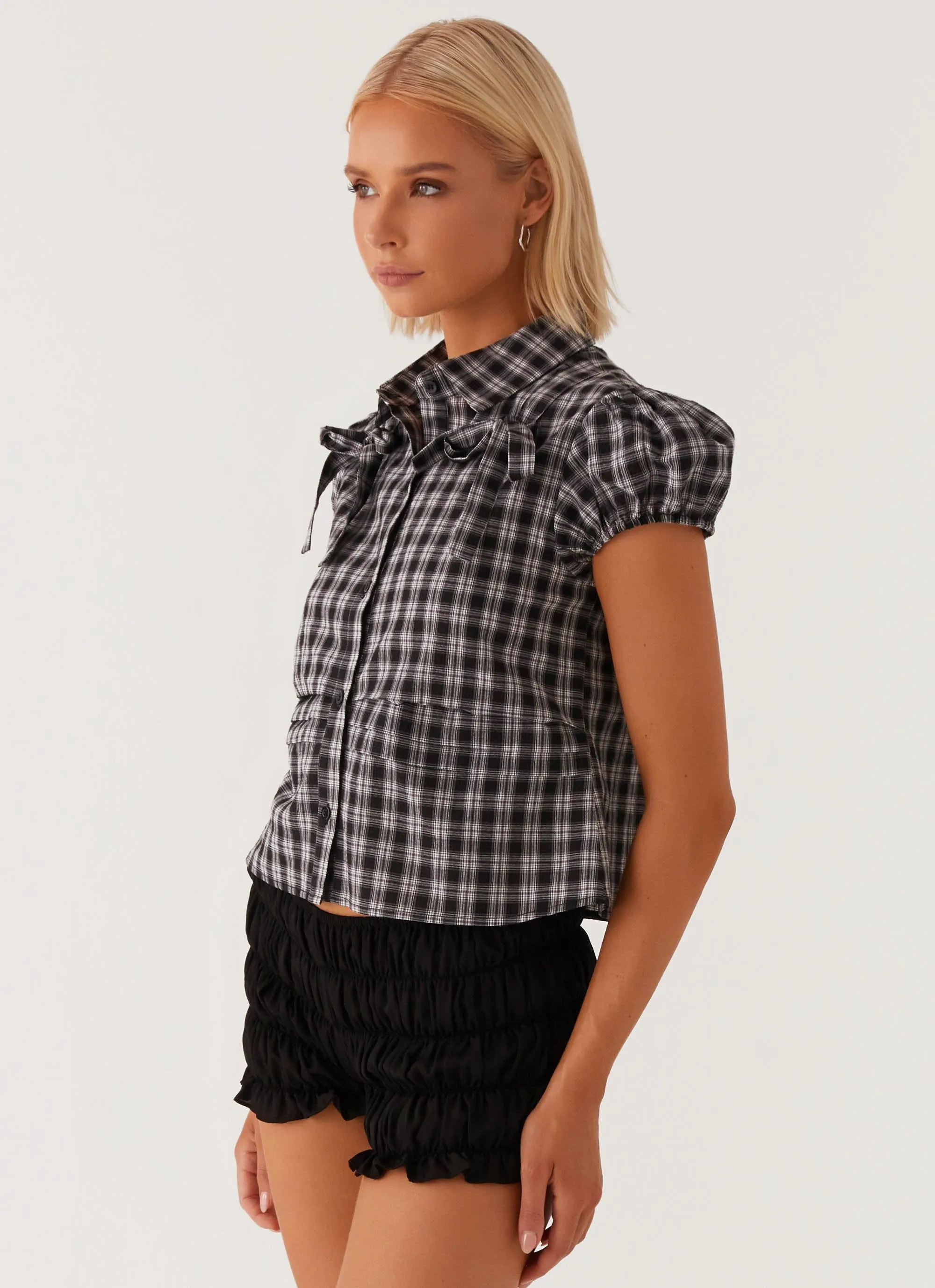 Lorraine Puff Sleeve Top - Black White Check High Density Cotton