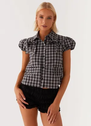 Lorraine Puff Sleeve Top - Black White Check SeamlessSidePanels