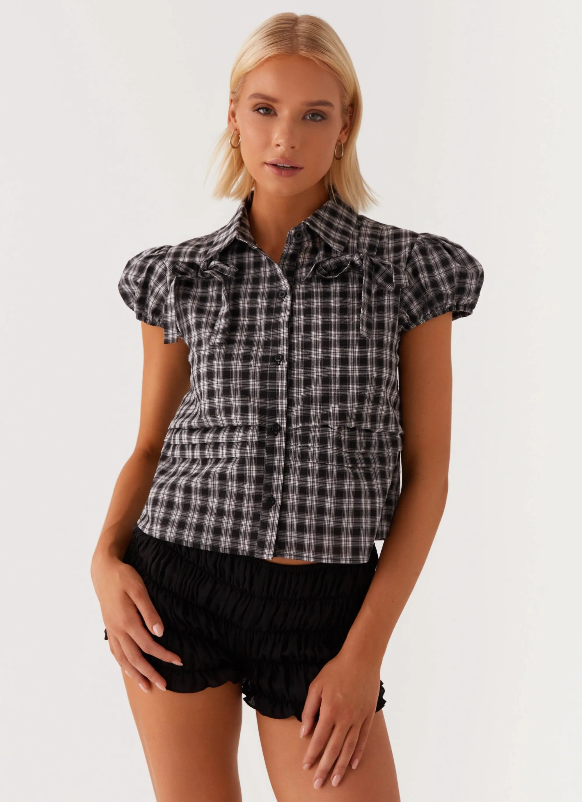 Lorraine Puff Sleeve Top - Black White Check SeamlessSidePanels