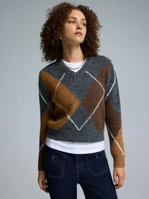 Openwork Lattice Pattern Argyle V-Neck Sweater