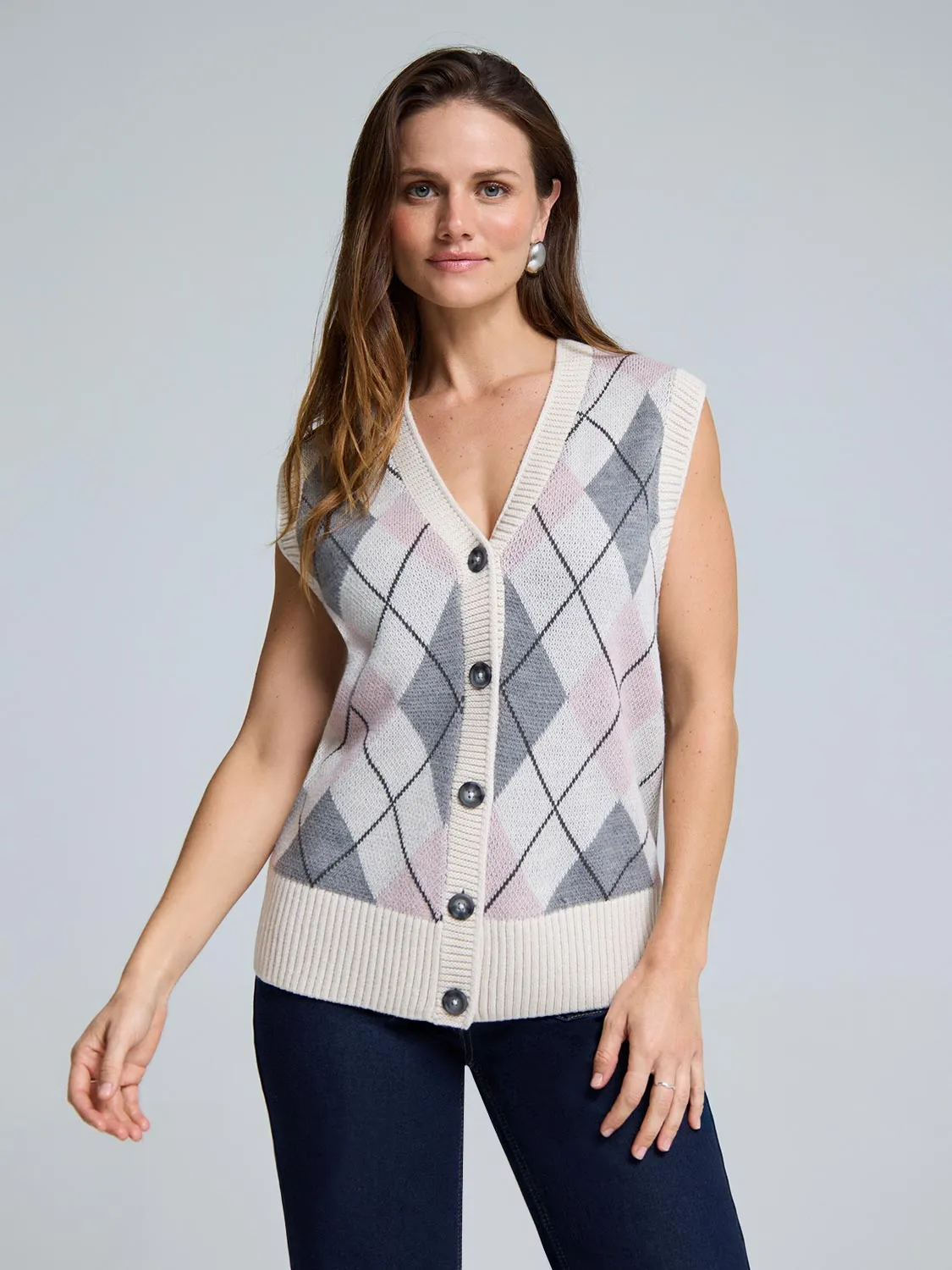Argyle Wool Button-Front Sweater Vest Mood Booster