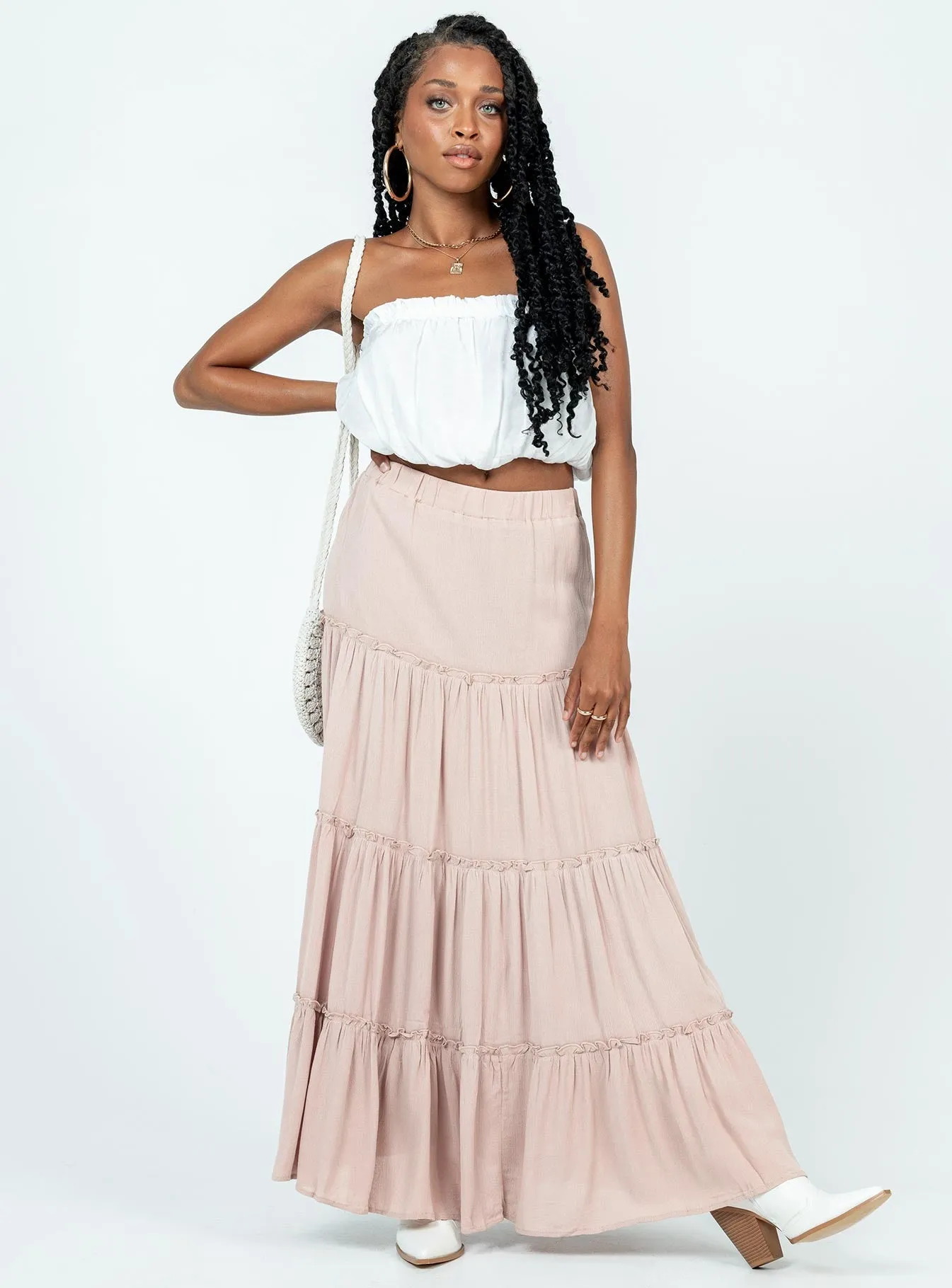 Vibrant Touch Laser cut Miriah Maxi Skirt Beige