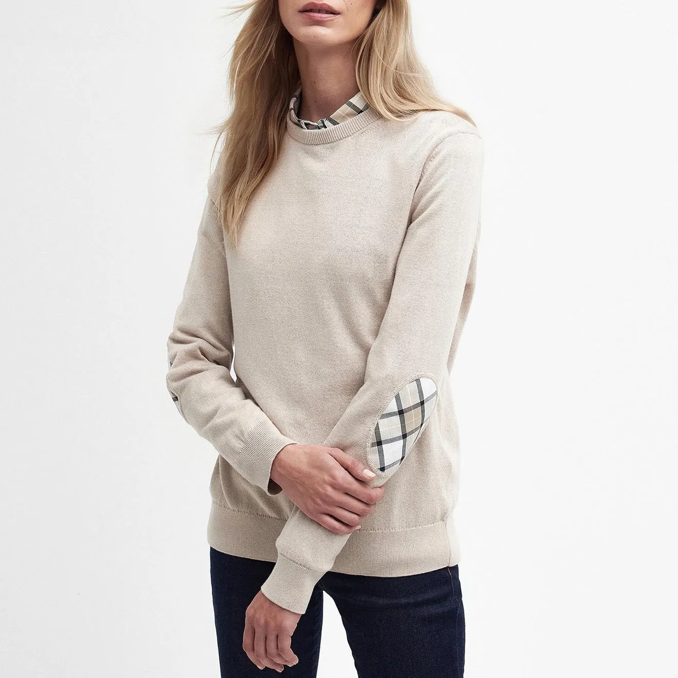 Barbour Womens Lavender Crew Neck Jumper Sand Lightweight texture Lattice Pattern