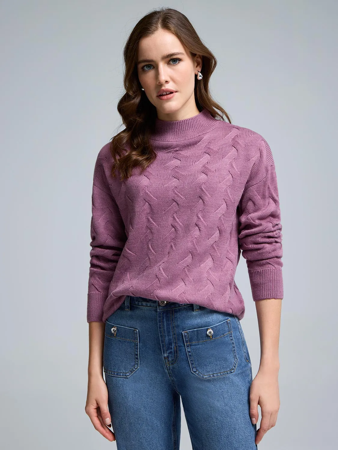 Crewneck Style High Elasticity Fiber Basketweave Mock Neck Sweater