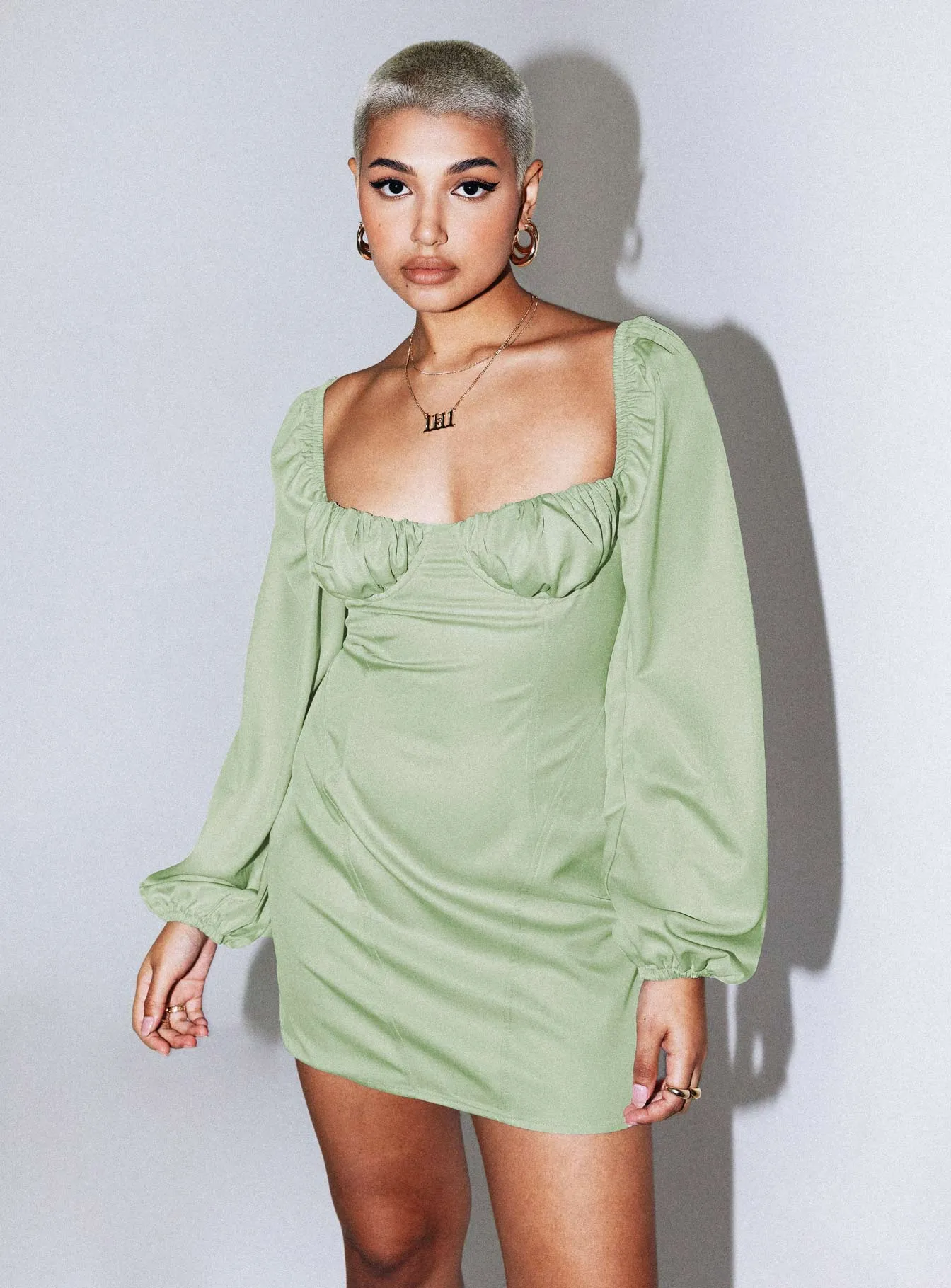 Charming Comfort Natural Wrap Be Mine Long Sleeve Mini Dress Green
