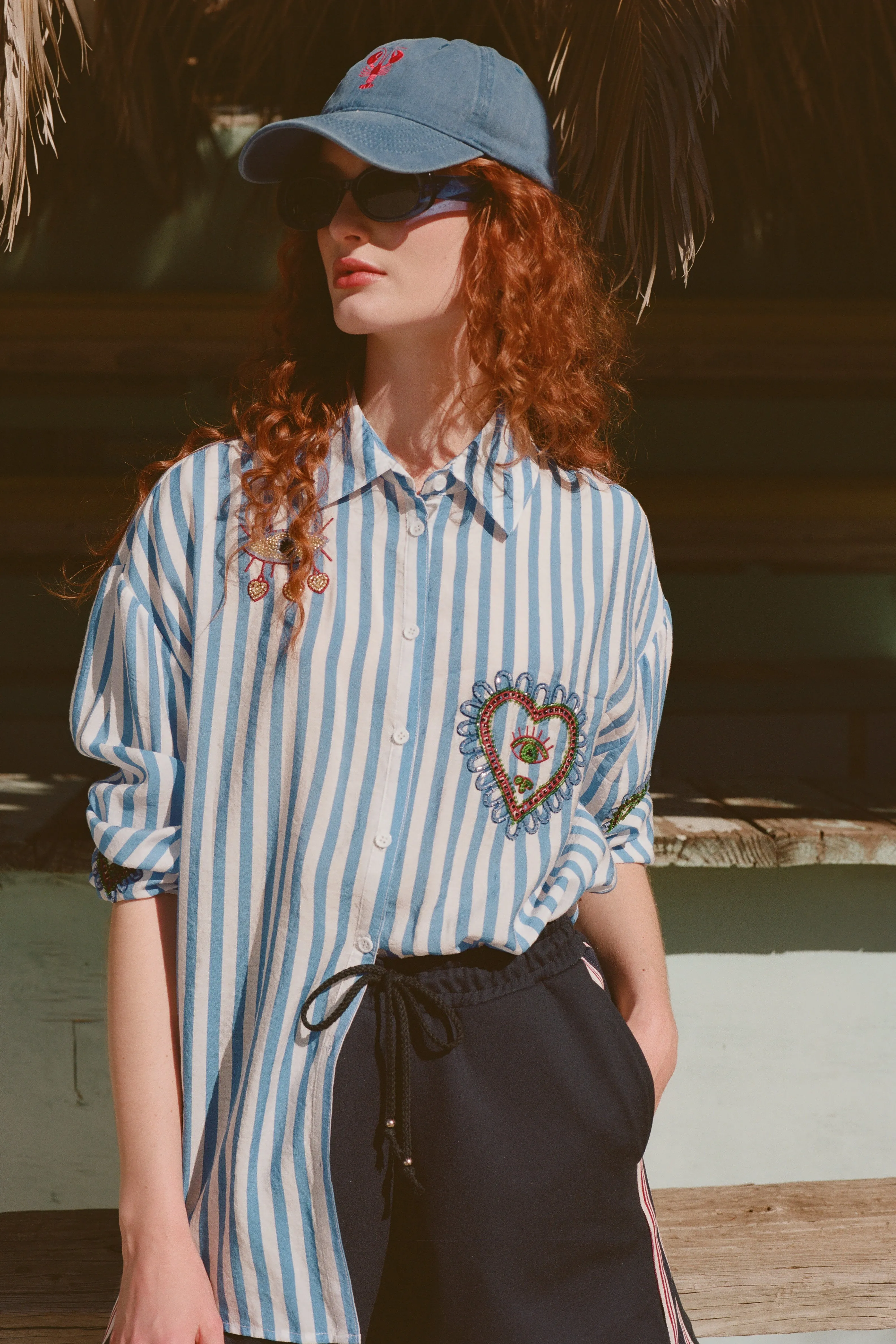 Beaded Shirt in Blue Stripe Luxury clothing Stylish and Easygoing