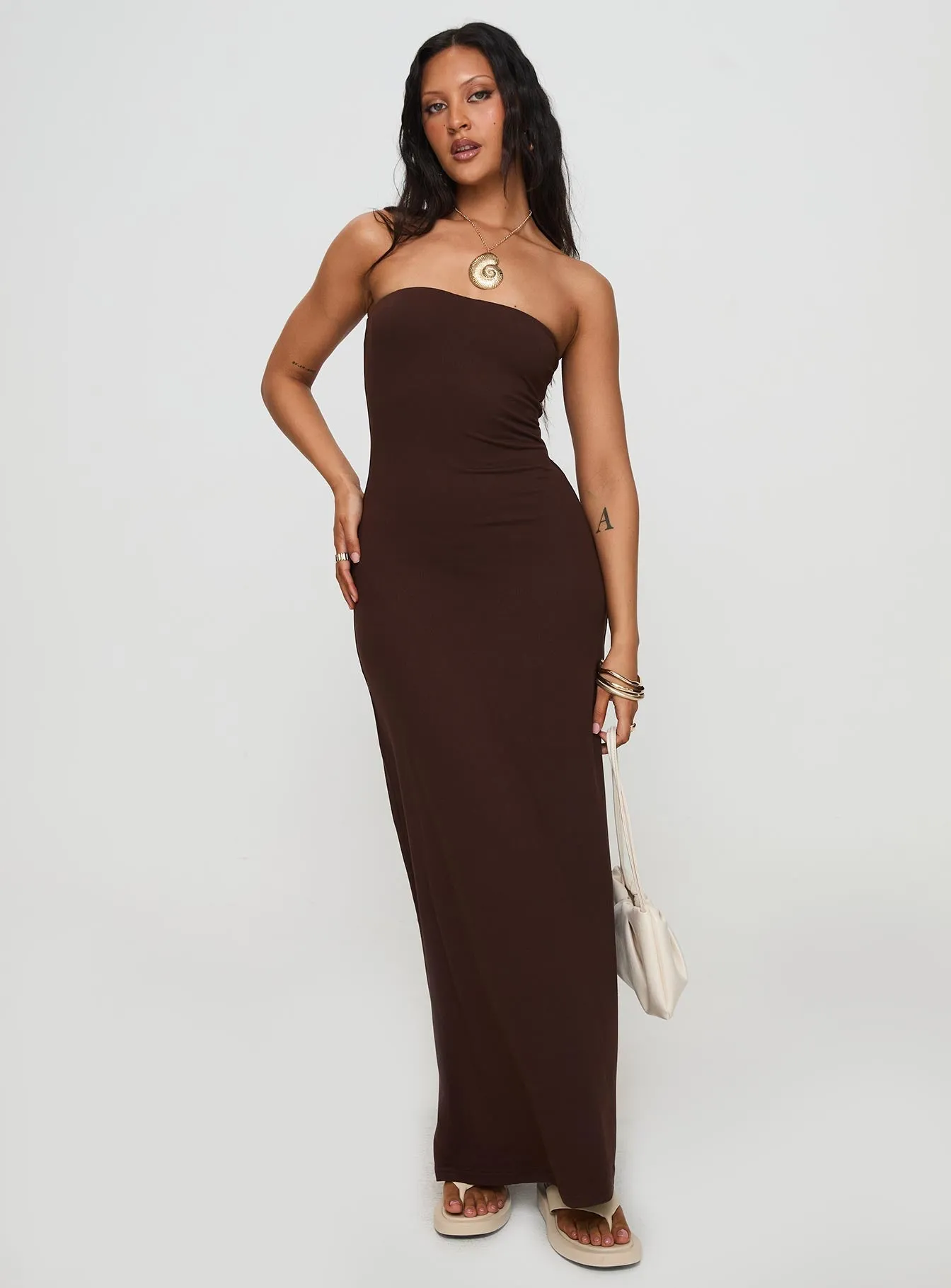 Bellaire Strapless Maxi Dress Brown Pleat-Front