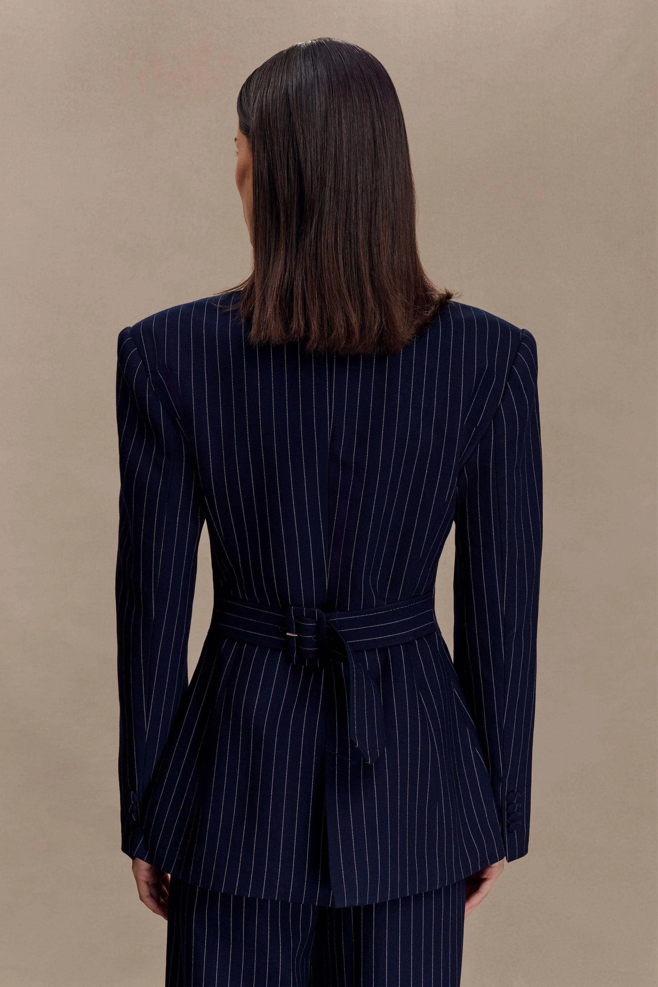 Stretch Weave Fabric Foldable Design Bellamy Cinched Blazer - Navy Pinstripe