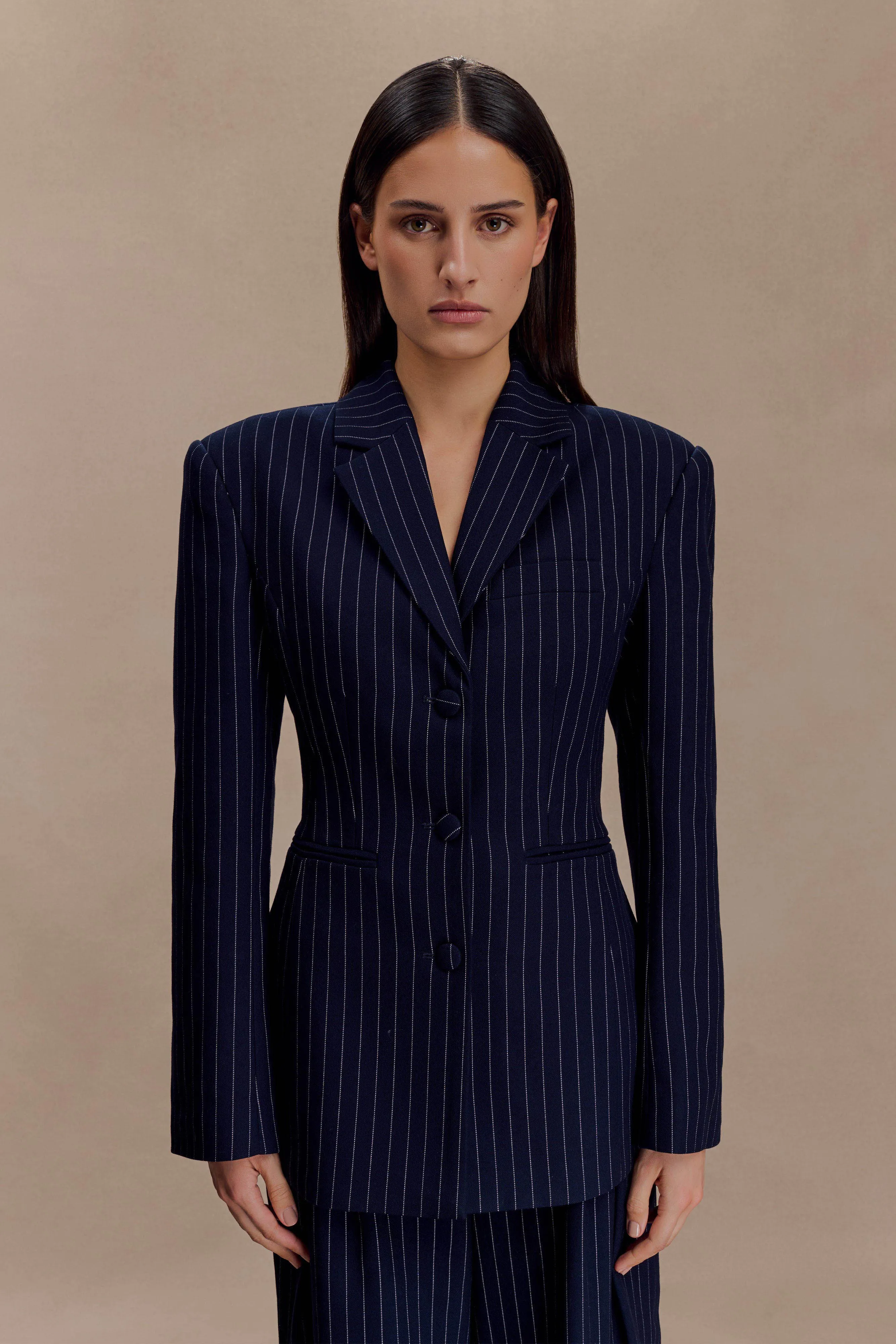 Bellamy Cinched Blazer - Navy Pinstripe Fray Resistant Edges