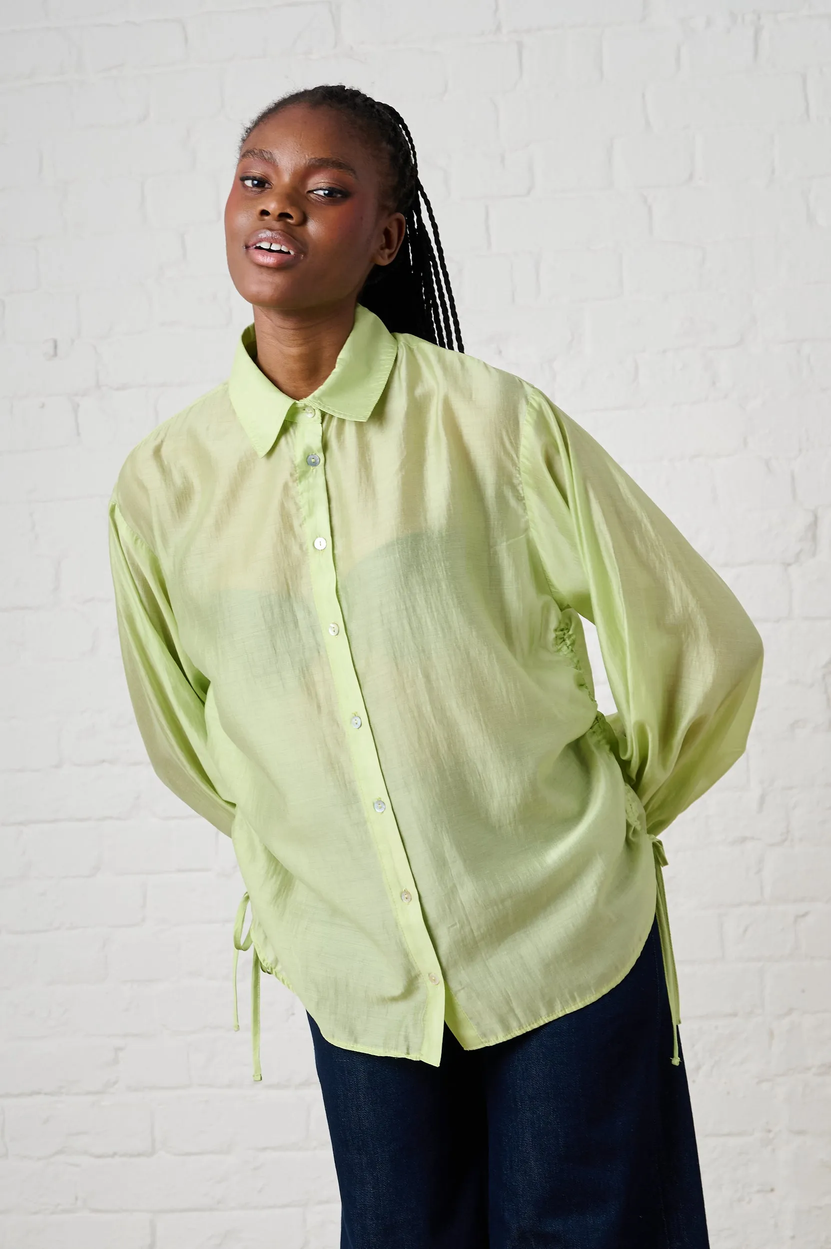 Office Casual Heat Transfer Printing Bellow Sleeve Drawstring Shirt in Mint