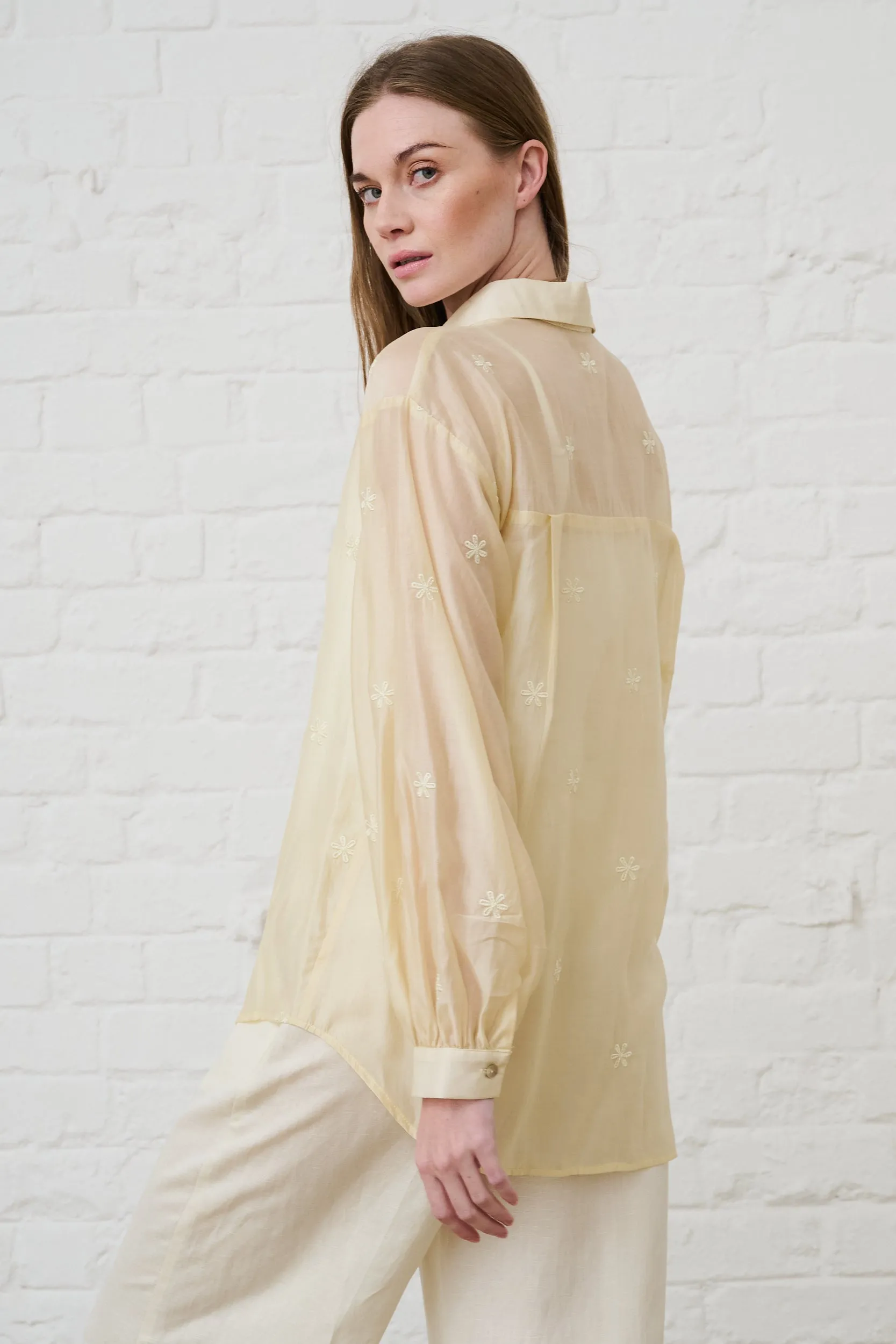 Flattering Cut Bellow Sleeve Shirt in Butter Flower