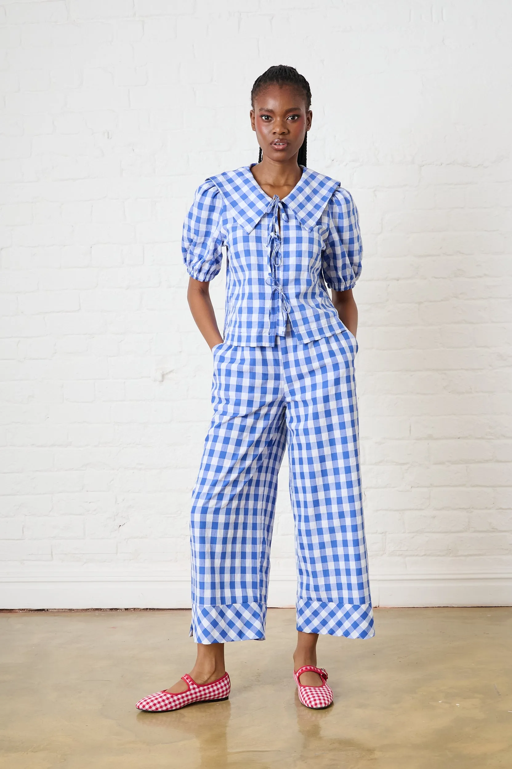 Water Based Ink Print Big Collar Blouse in Blue Gingham