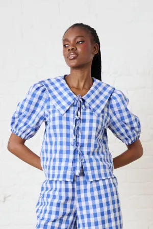 Big Collar Blouse in Blue Gingham Cross Grain Knit