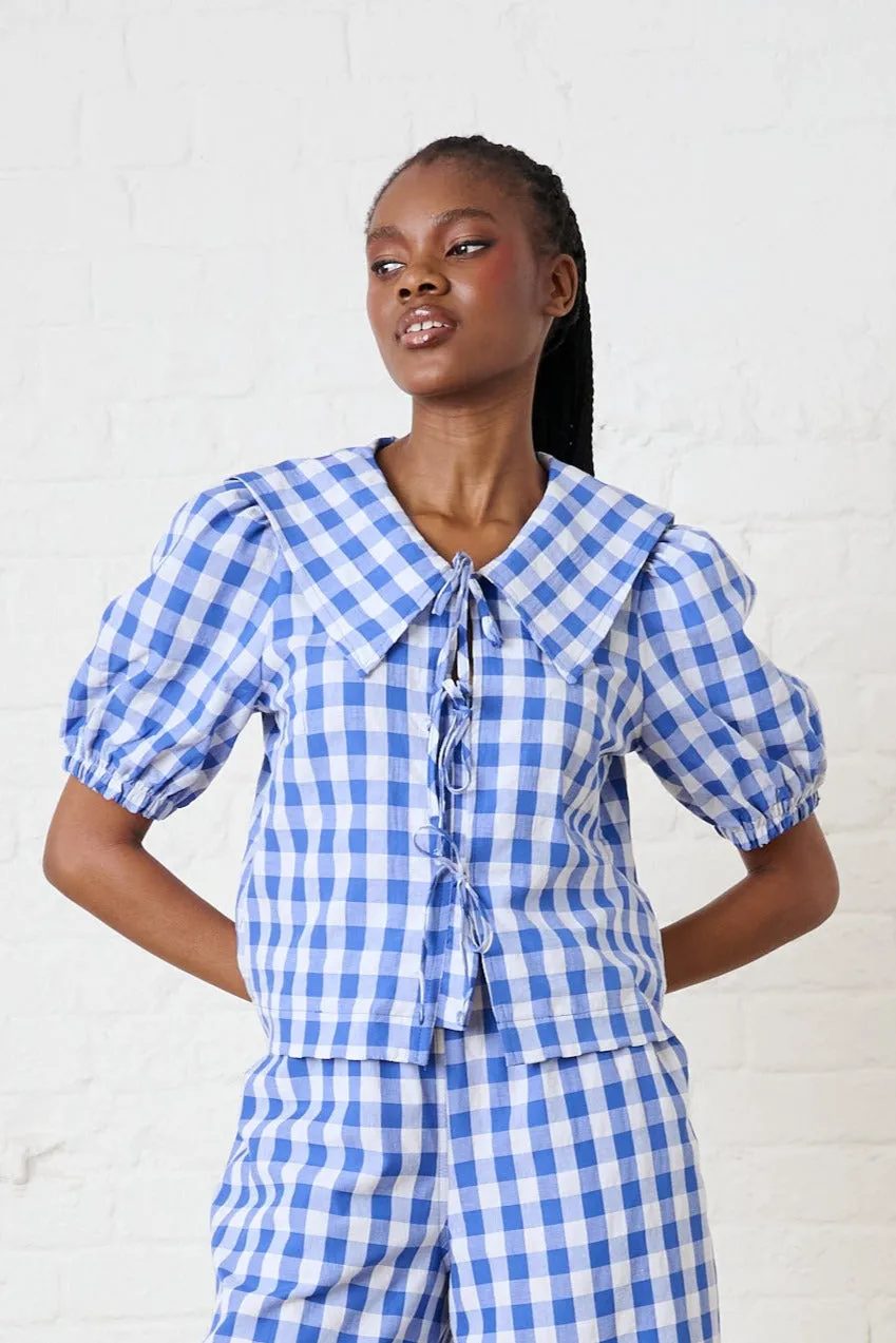 Big Collar Blouse in Blue Gingham Cross Grain Knit