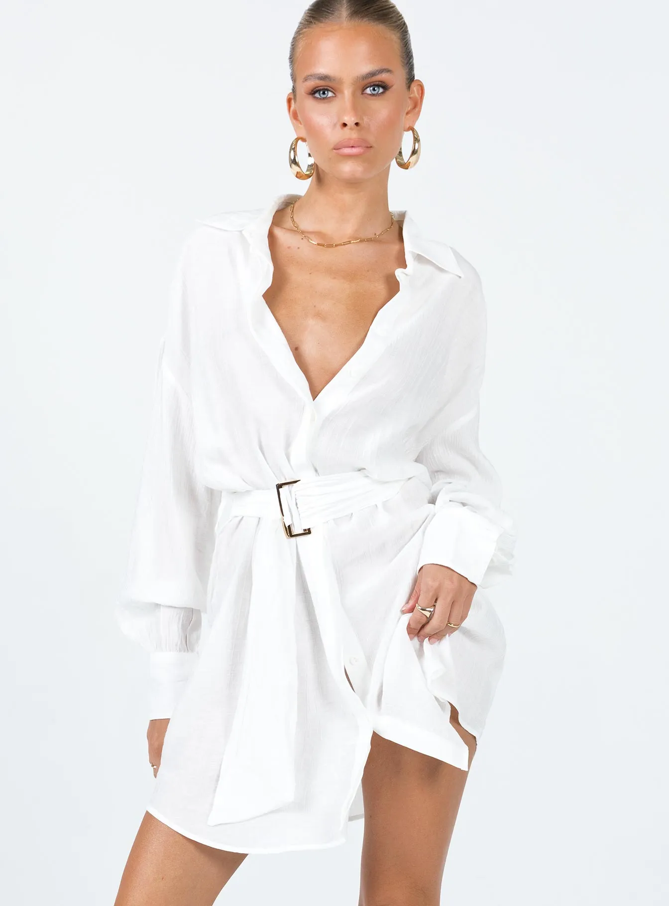 Bilari Textured Fabric Shirt Dress White Soft Drape