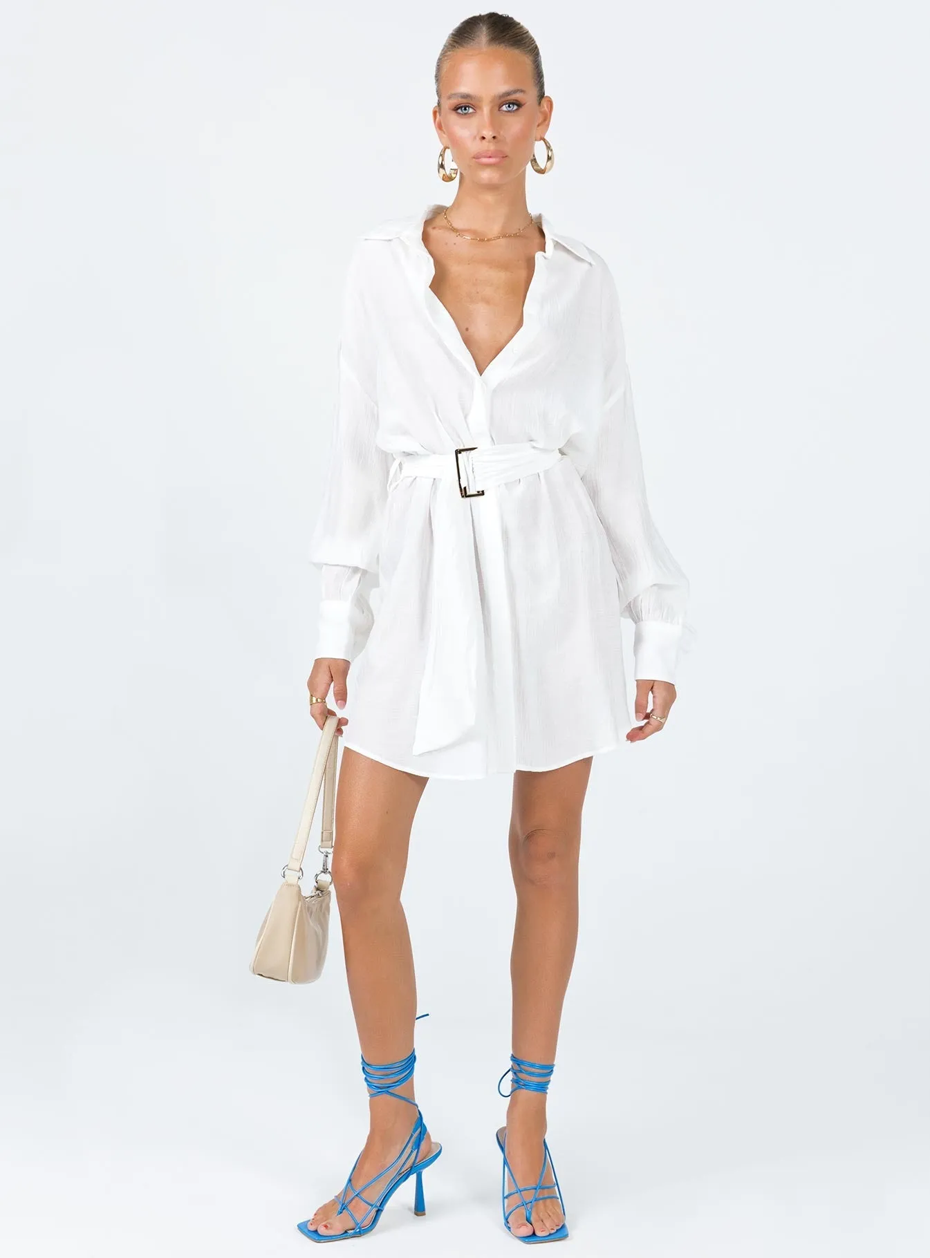 Airy Drape Perfect Length Bilari Textured Fabric Shirt Dress White