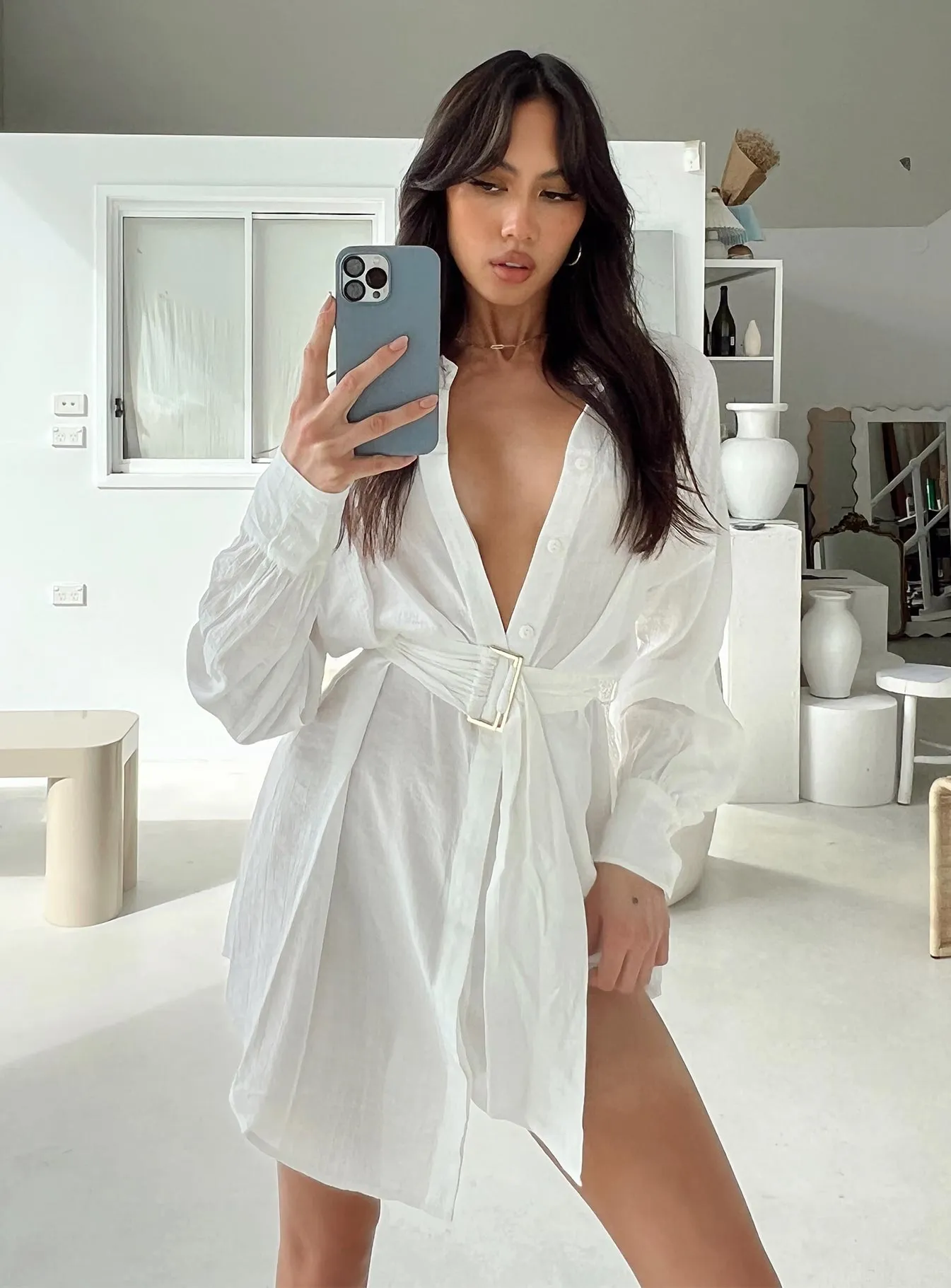 Bilari Textured Fabric Shirt Dress White Patterned-Fabric Smooth Motion