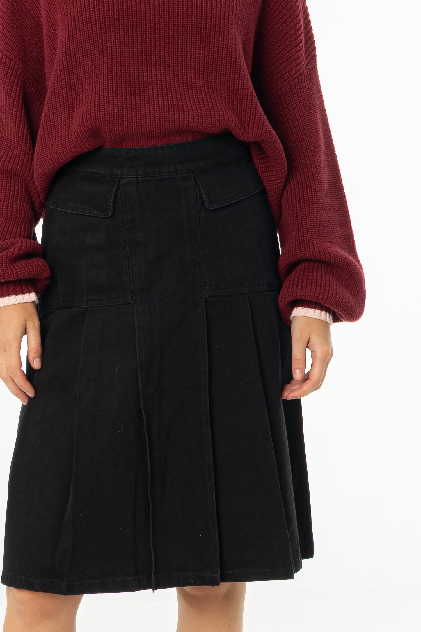 Machine washable Black Half Pleat Cargo Denim Skirt