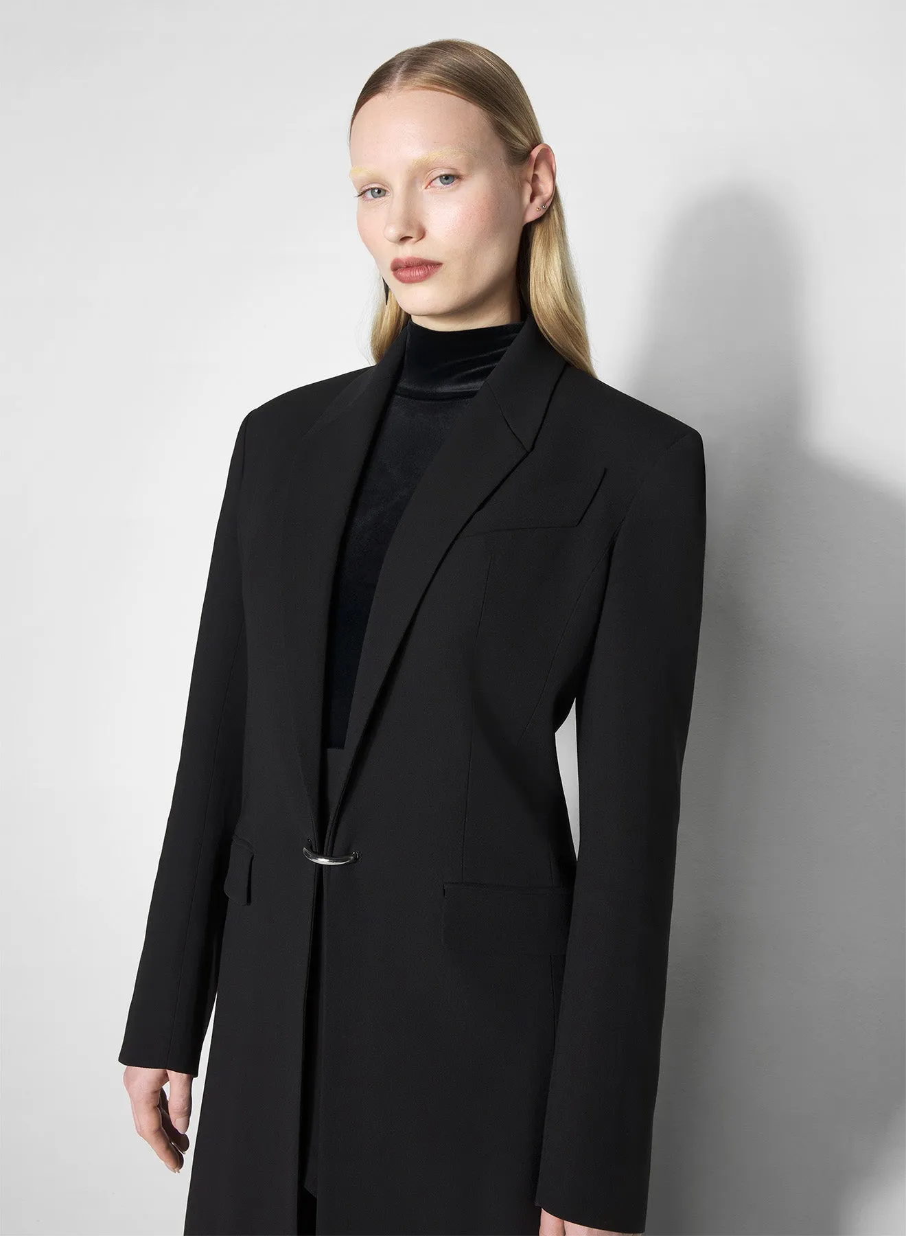 black pierced tailored coat Vegan Leather Accents ZipperClosure