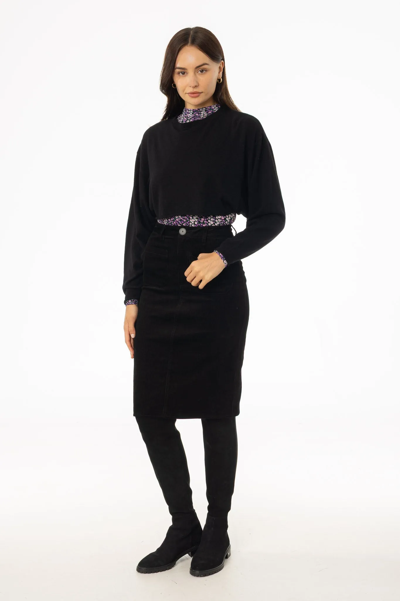 Weekend Vibes Black Pocket Corduroy Pencil Skirt