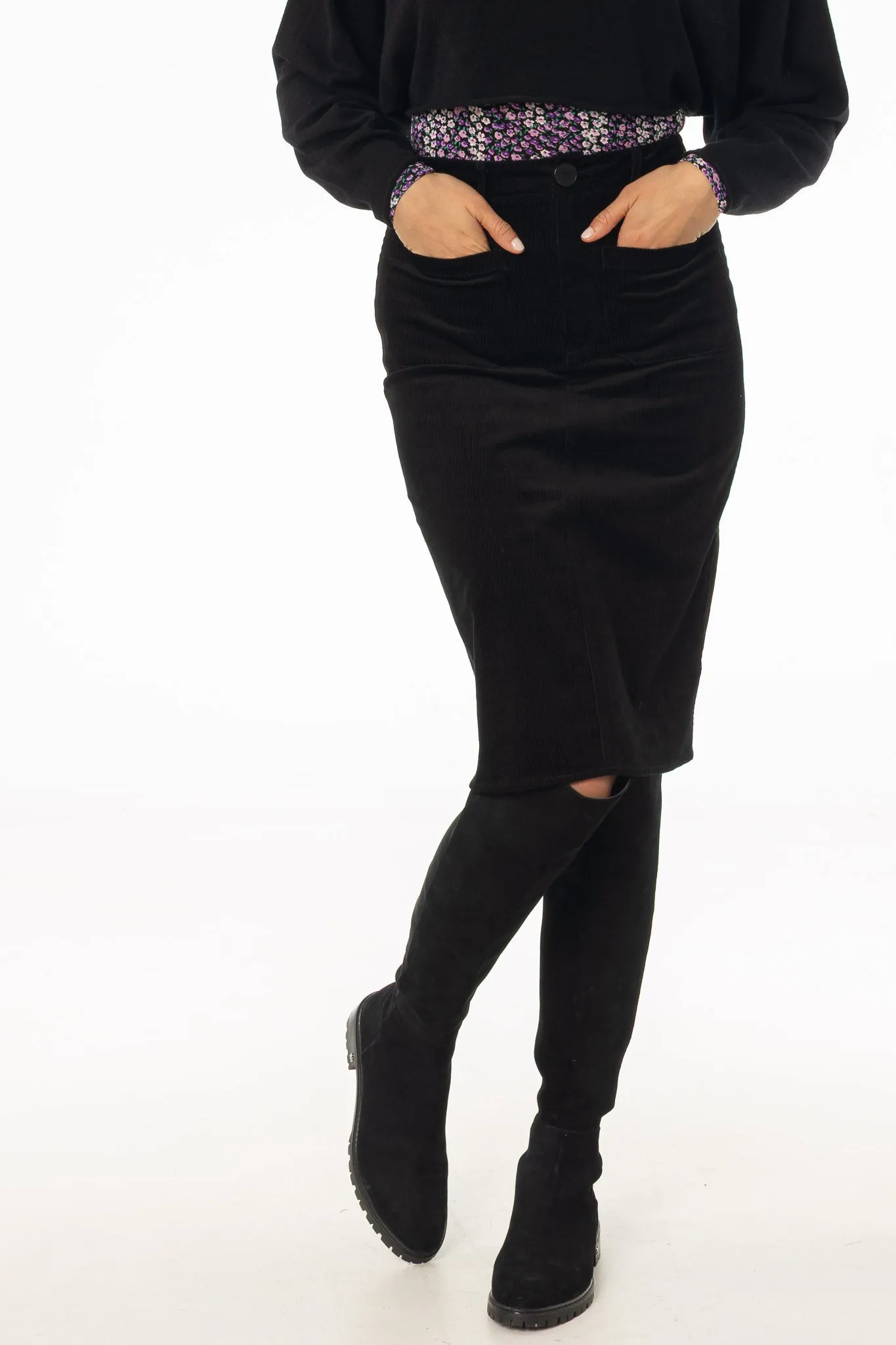 Sleek Appeal Black Pocket Corduroy Pencil Skirt