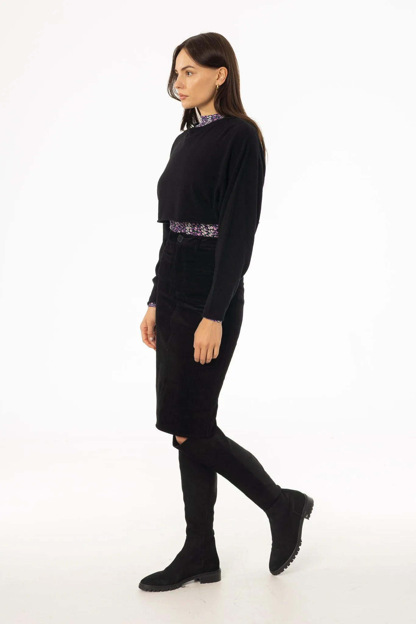 Casual Edge Cozy Tones Black Pocket Corduroy Pencil Skirt