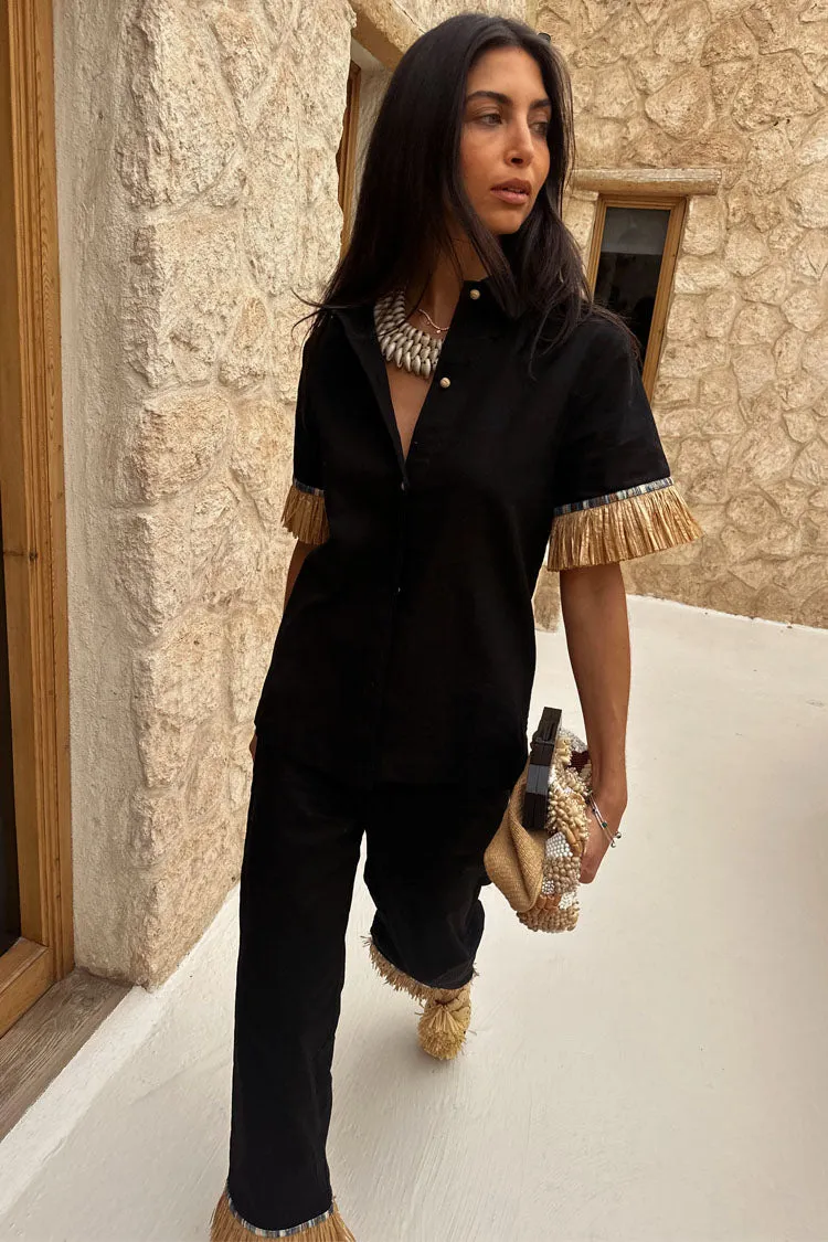 Reinforced Neckline Fit Design Black Raffia Shirt