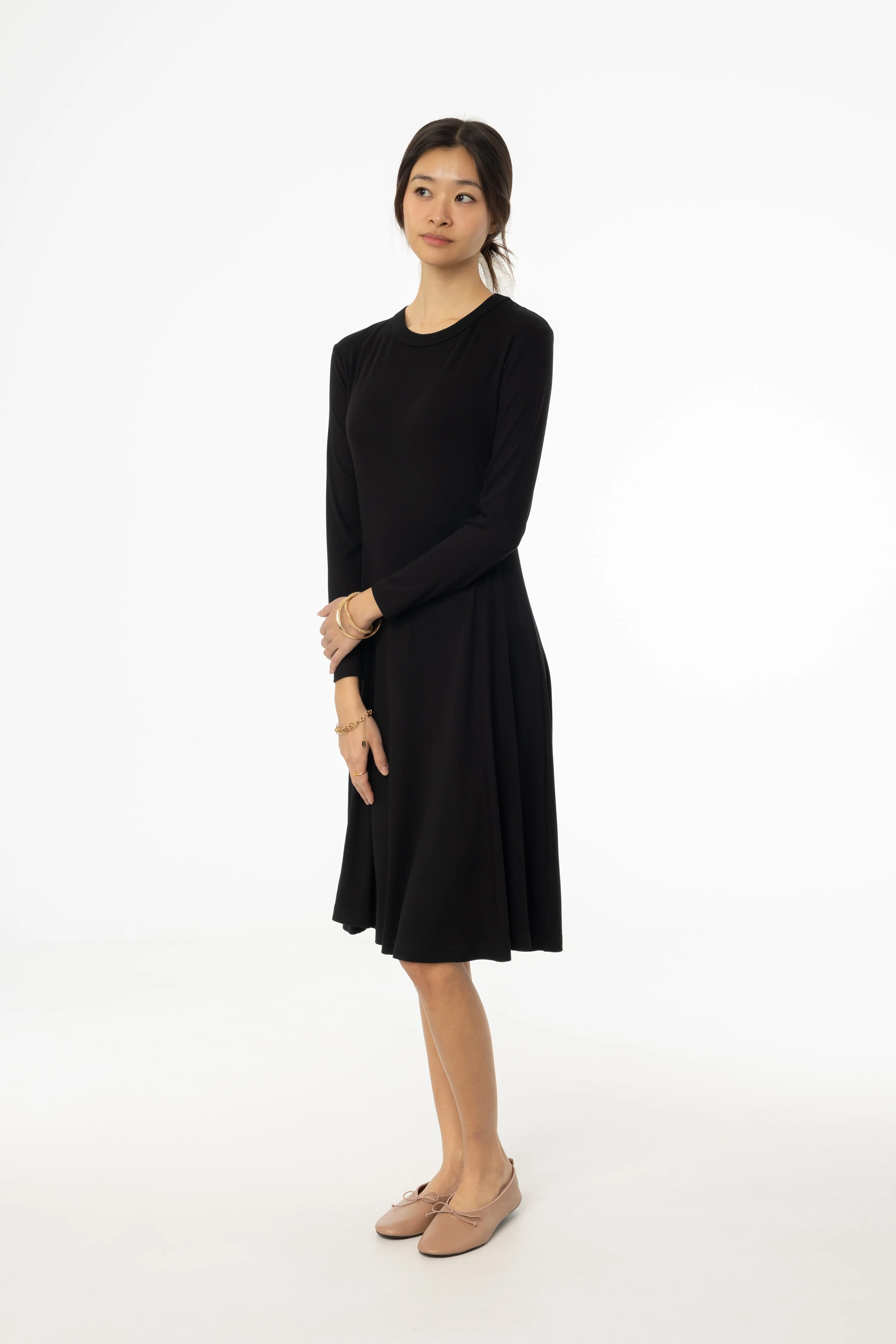 Black Stitched Flare Dress Rose Soft Smooth-Lining