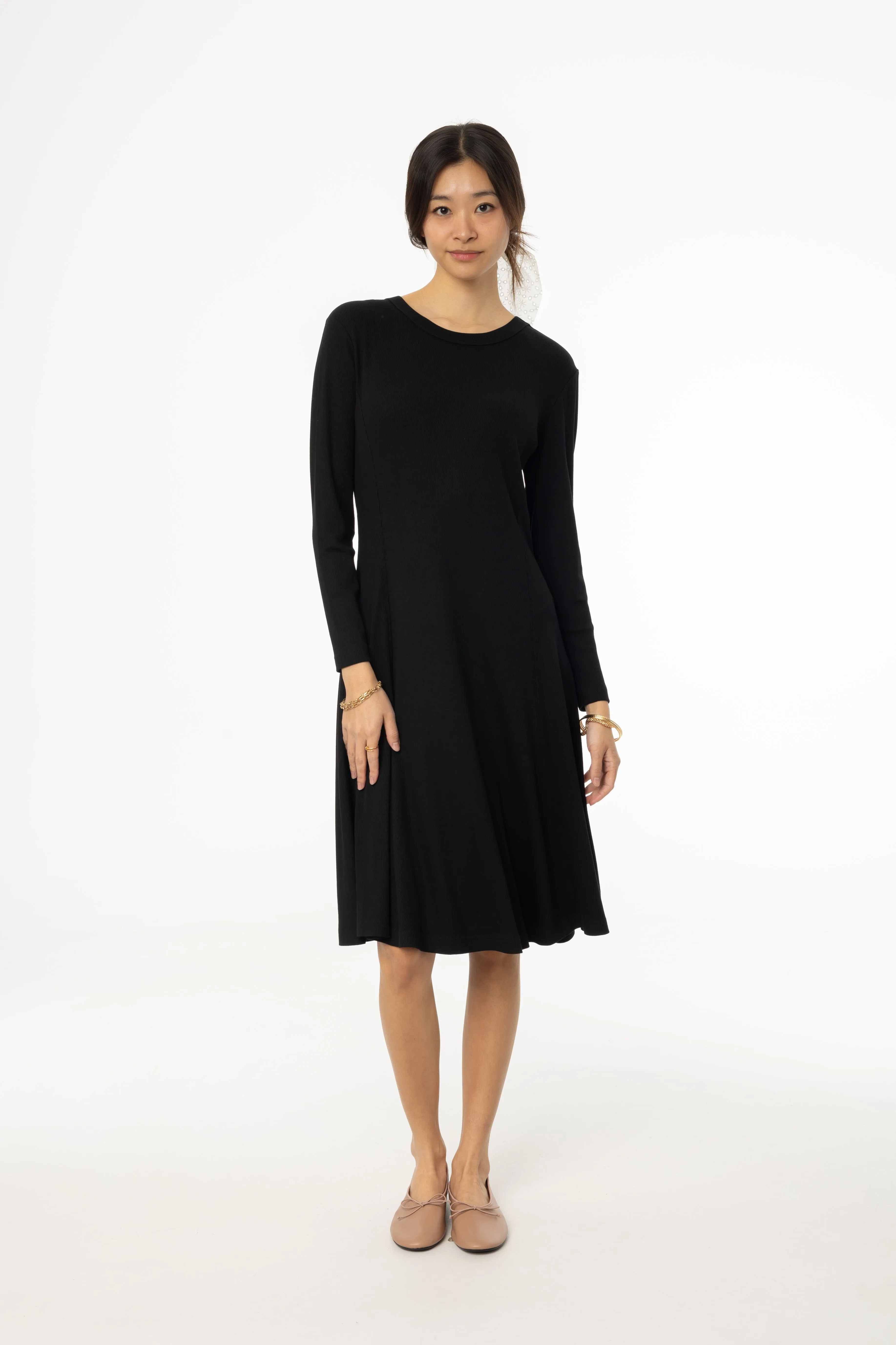 Korean Mood Black Stitched Flare Dress